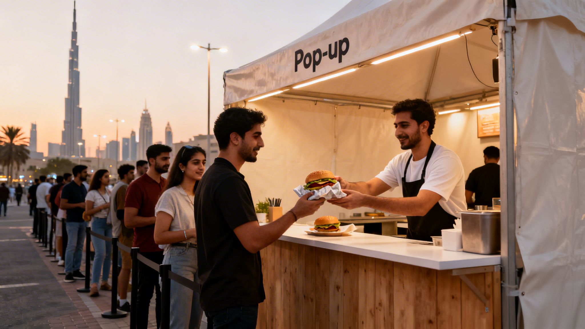A food vendor hands a burger to a smiling customer at a pop-up stand with a queue and the Burj Khalifa.