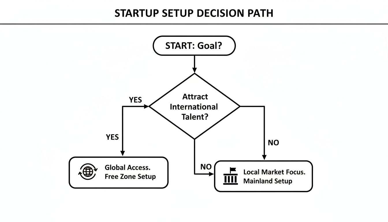 Flowchart showing startup setup decisions: starting with goal, then if attracting international talent, choose Free Zone setup, otherwise Mainland setup.