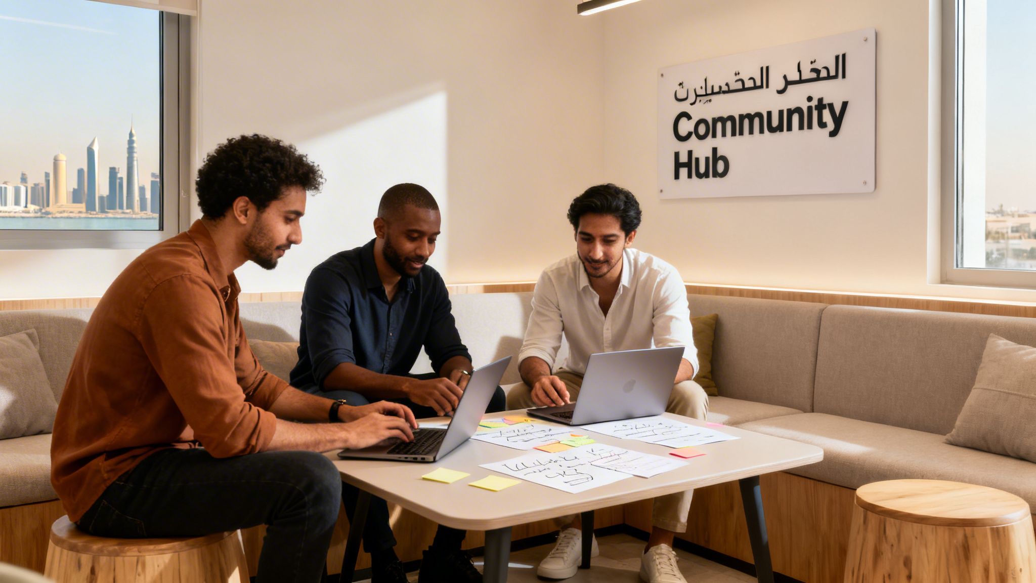 Three diverse young men work on laptops in a modern "Community Hub" office with a city view.