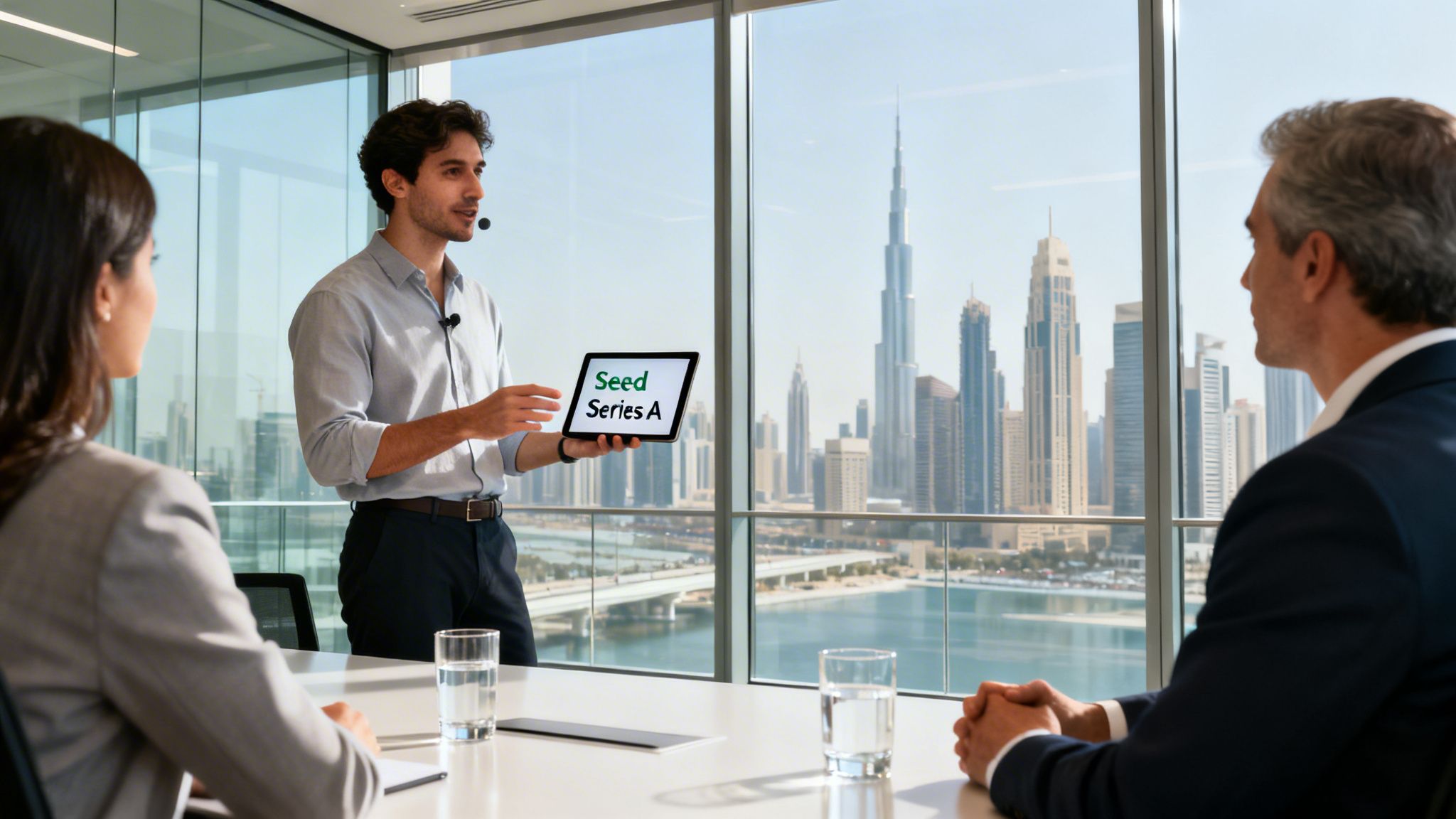 A man presents 'Seed Series A' on a tablet to two investors in a modern Dubai office with city views.