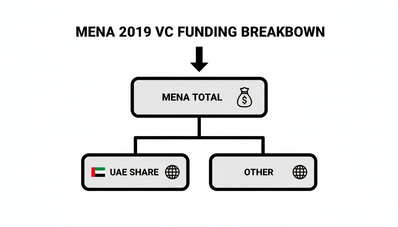 Diagram illustrating the MENA 2019 VC funding breakdown, showing the total split into UAE share and other regions.