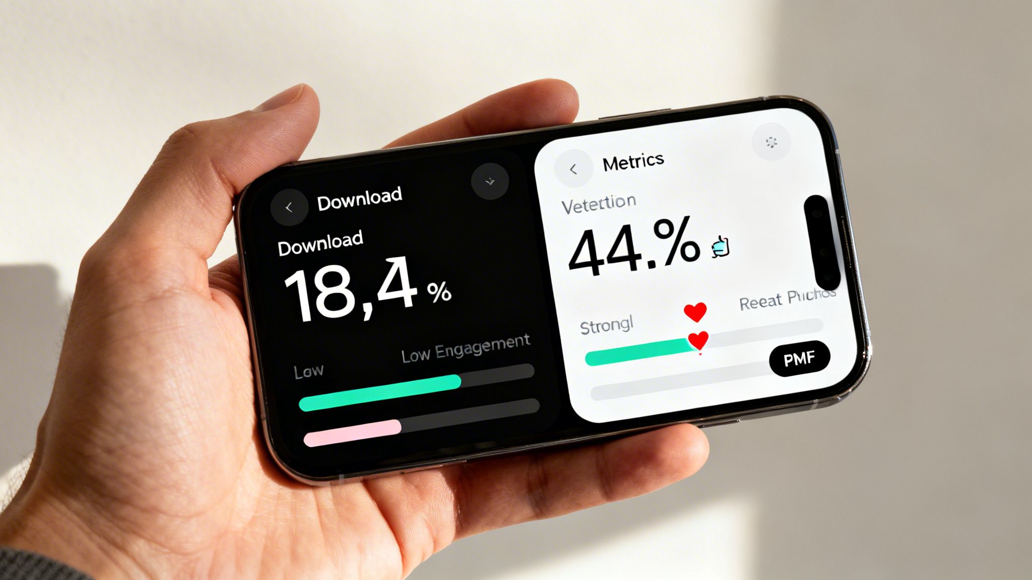 A hand holding a smartphone displaying analytics data with download percentages and retention metrics.