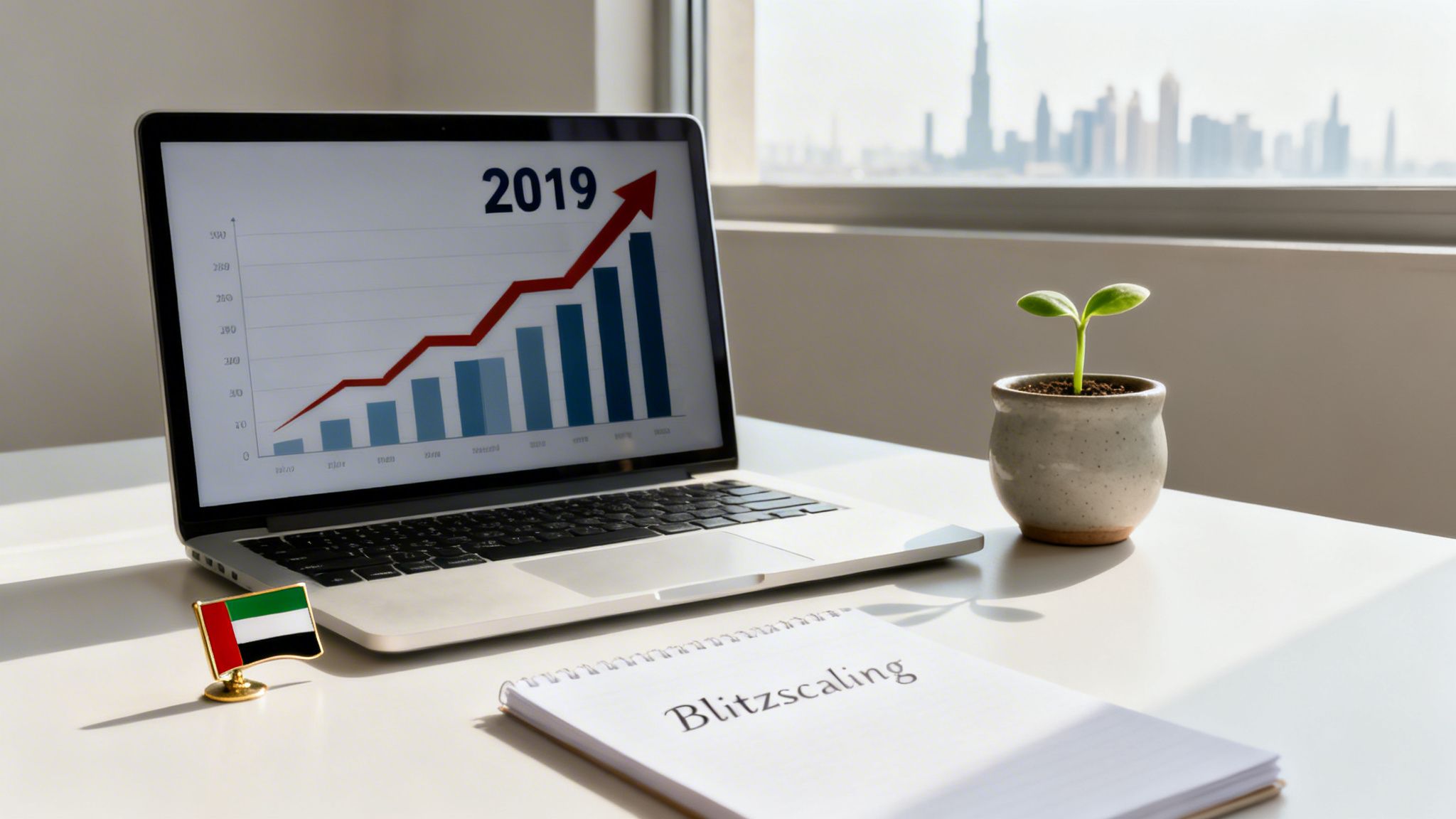 A laptop shows a 2019 growth chart, next to a plant, UAE flag, and 'Blitzscaling' notebook.