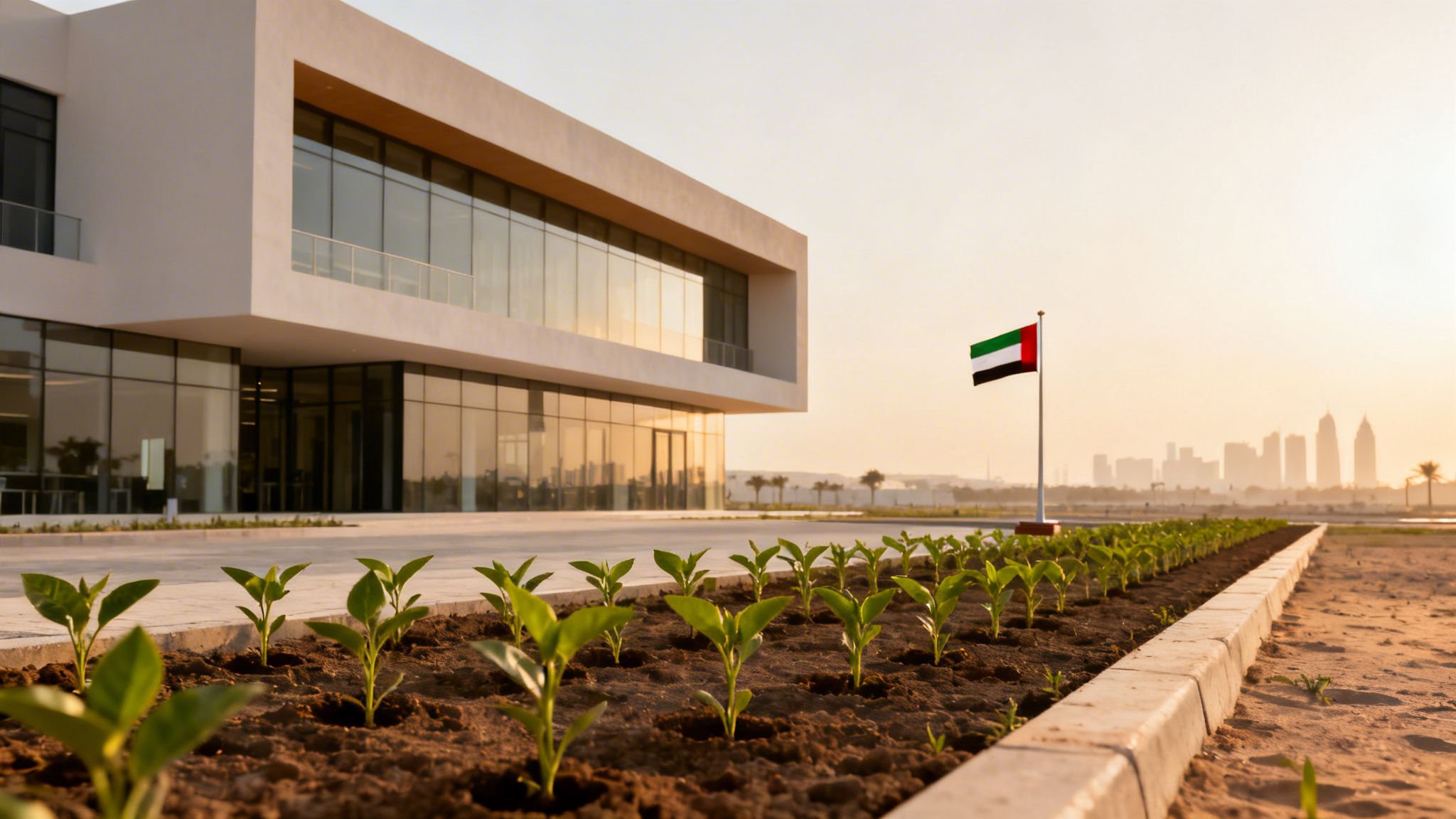 A modern building, young green plants, UAE flag, and a hazy Dubai cityscape at sunset.