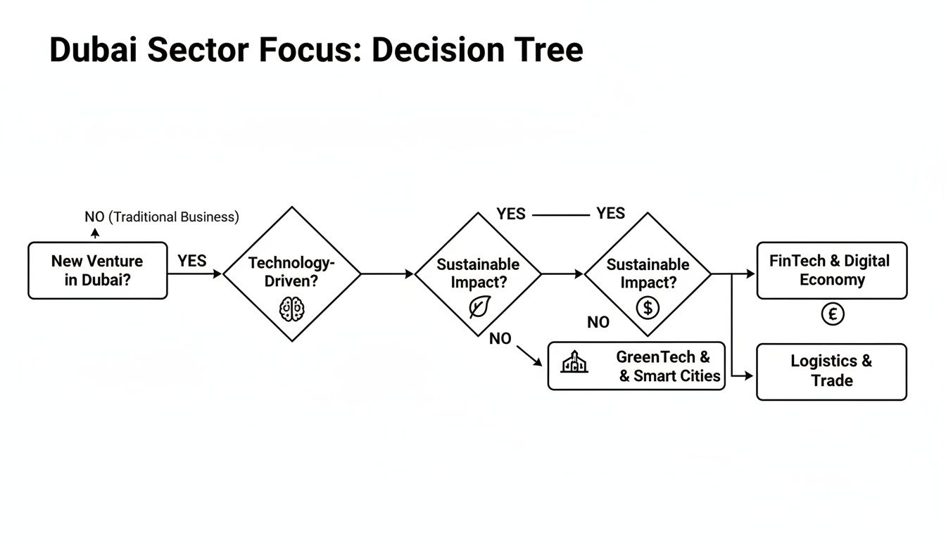 Decision tree illustrating Dubai's sector focus, guiding new ventures towards FinTech, GreenTech, or Logistics based on criteria.