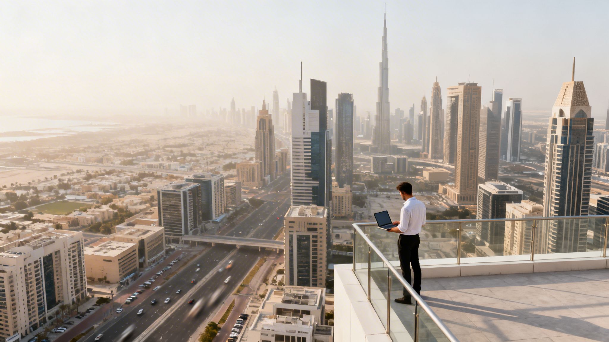 A man works on a laptop on a skyscraper balcony overlooking the stunning Dubai cityscape.