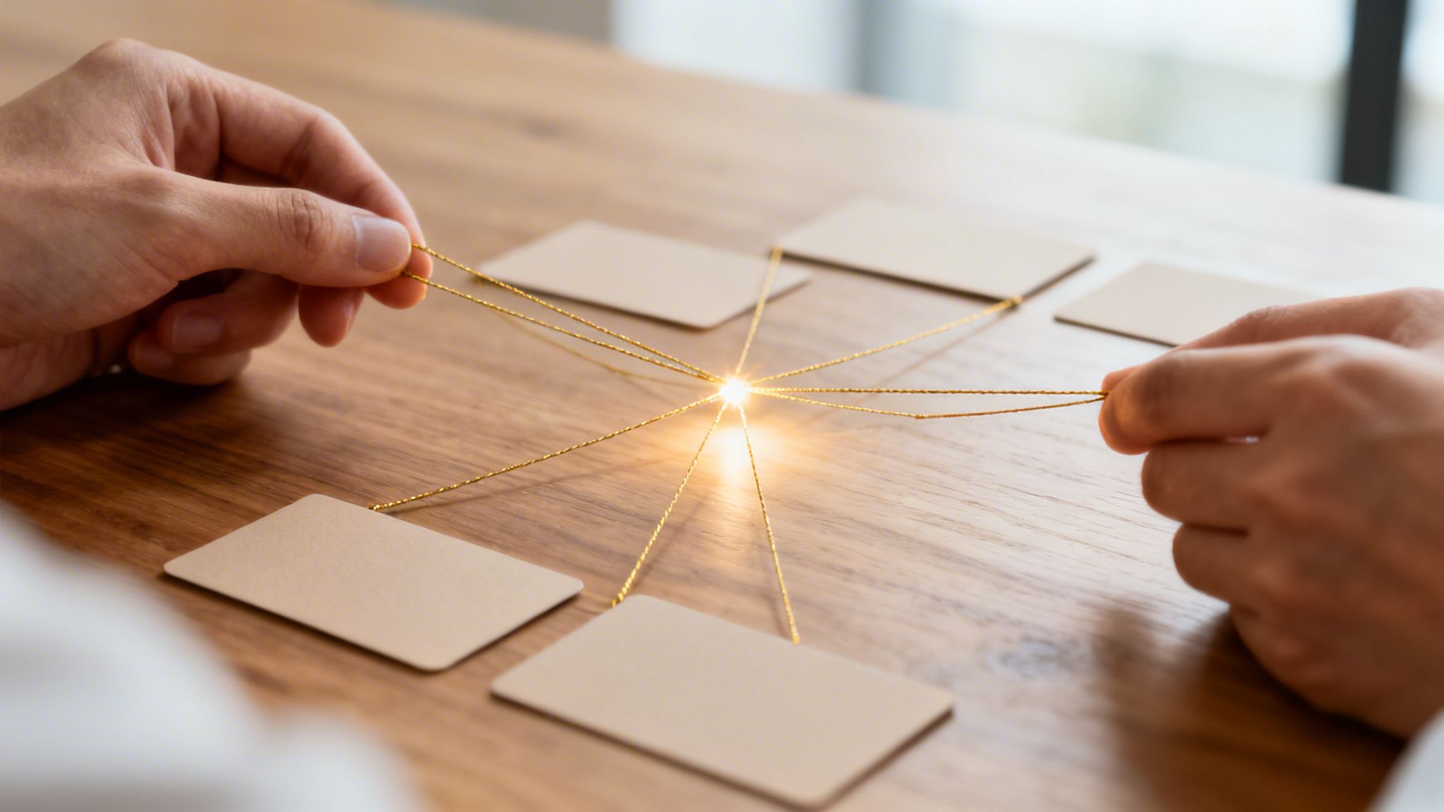 Hands connect multiple blank cards with golden strings to a central glowing point, symbolizing connection and ideas.