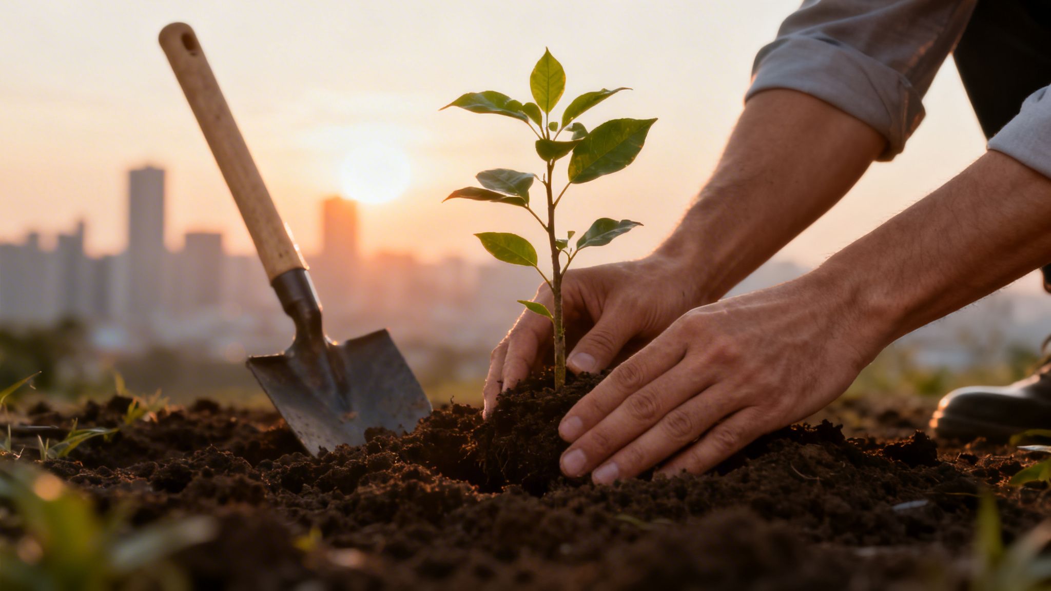 Hands planting a young tree in soil with a shovel, city skyline and sunset in background.