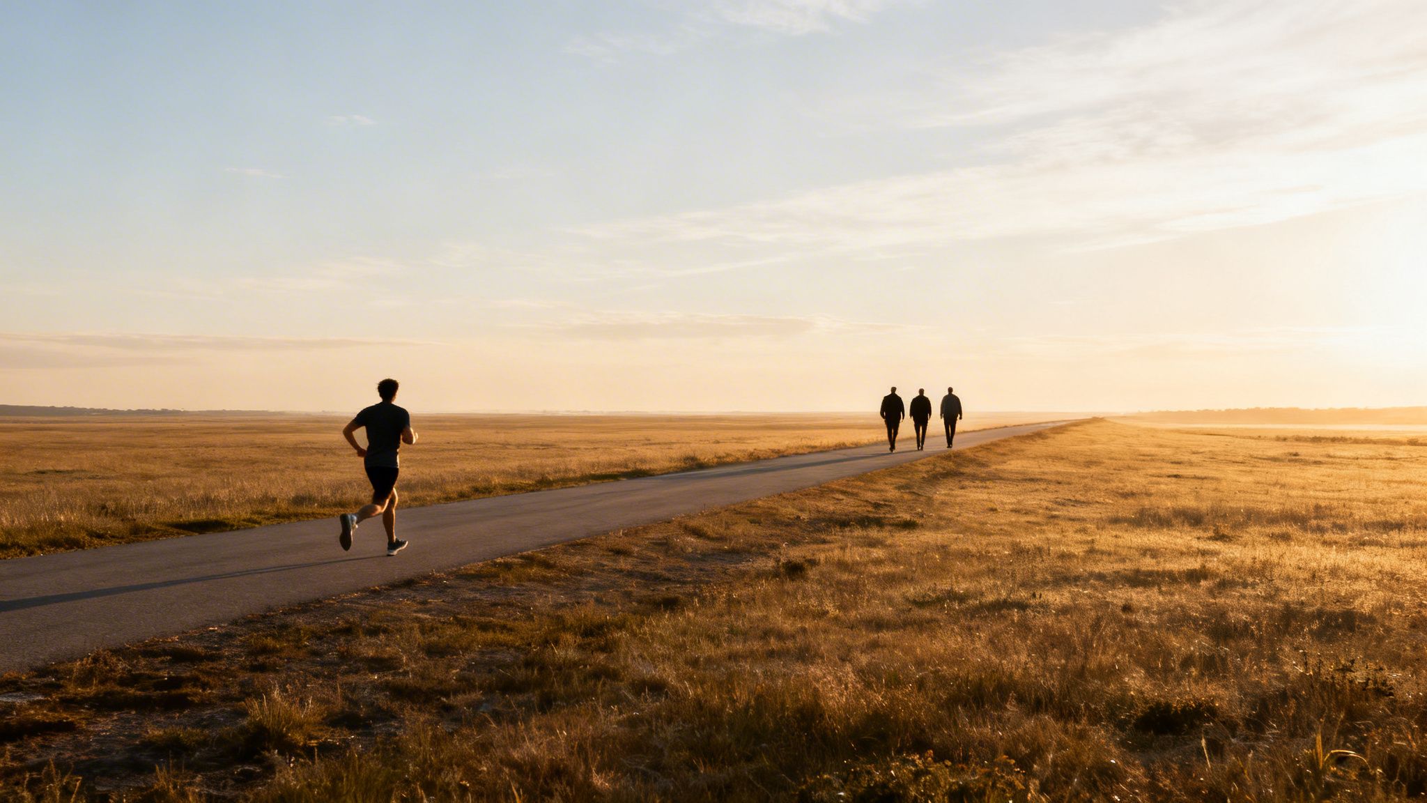 A runner on a road through a golden field, approaching three people walking at sunrise.