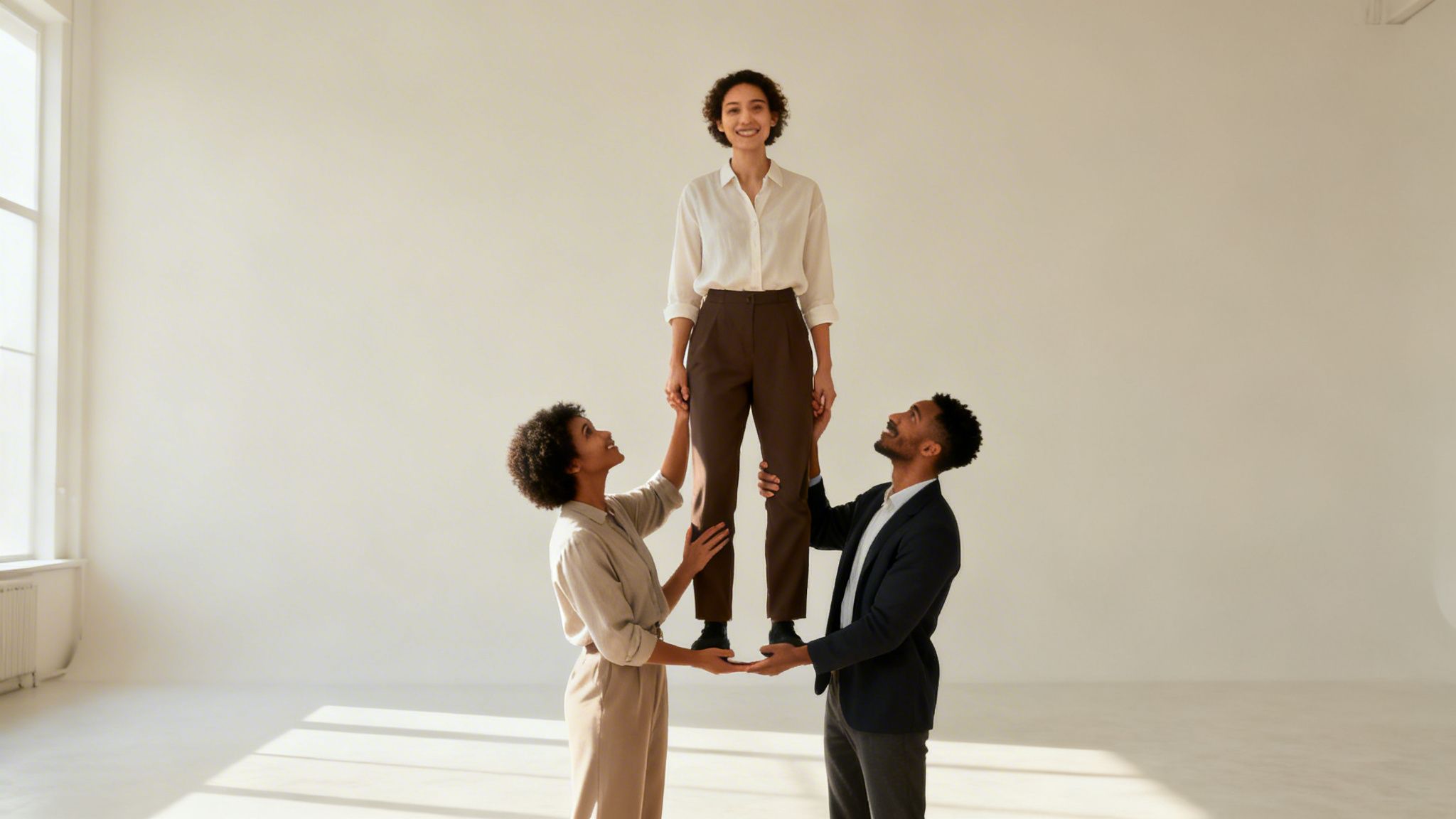 A woman stands elevated by two smiling colleagues, illustrating support and collaboration in business.