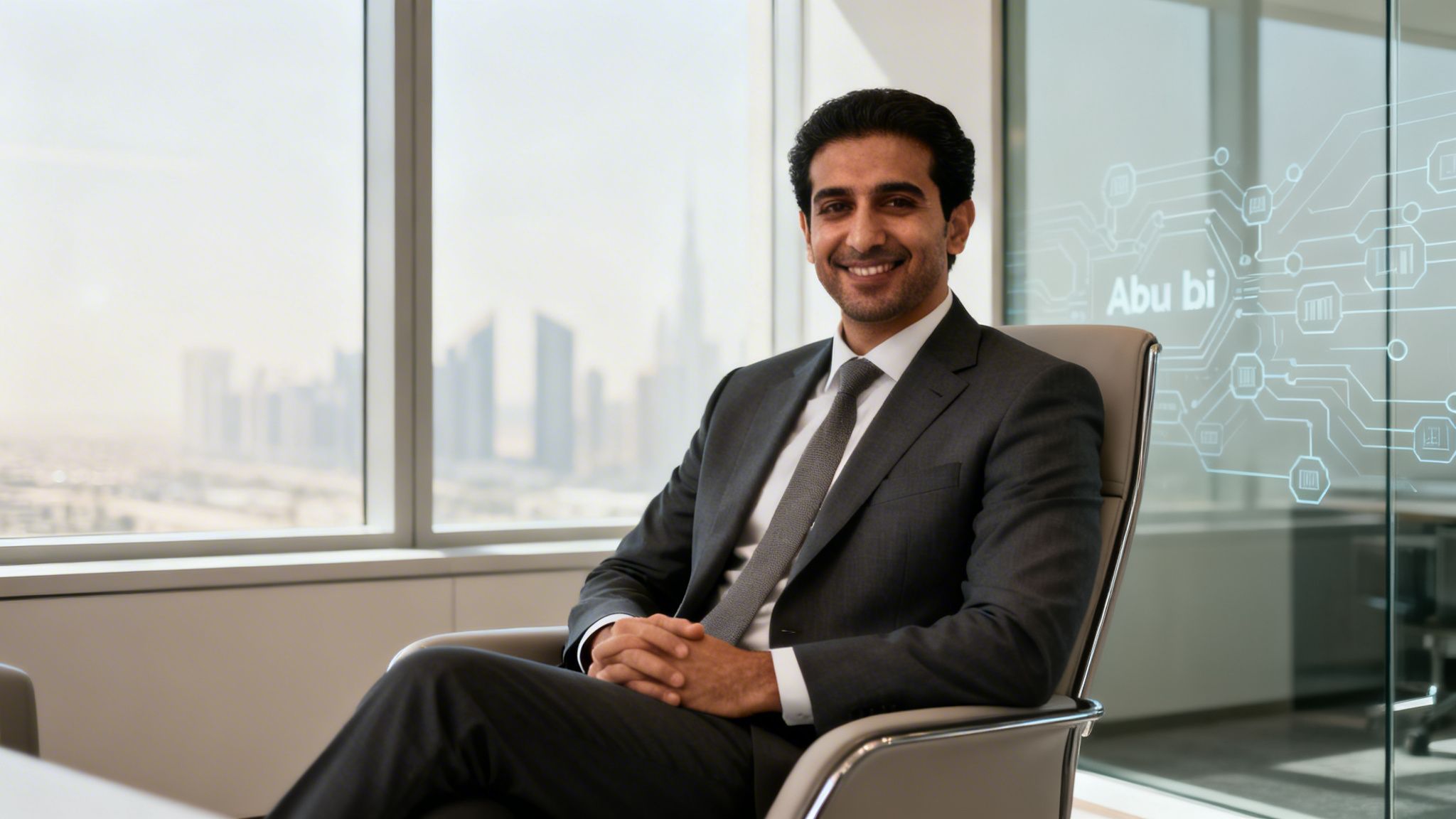 Saeed Al Darmaki, a smiling businessman, sits in an office with Abu Dhabi skyline and circuit board graphic.