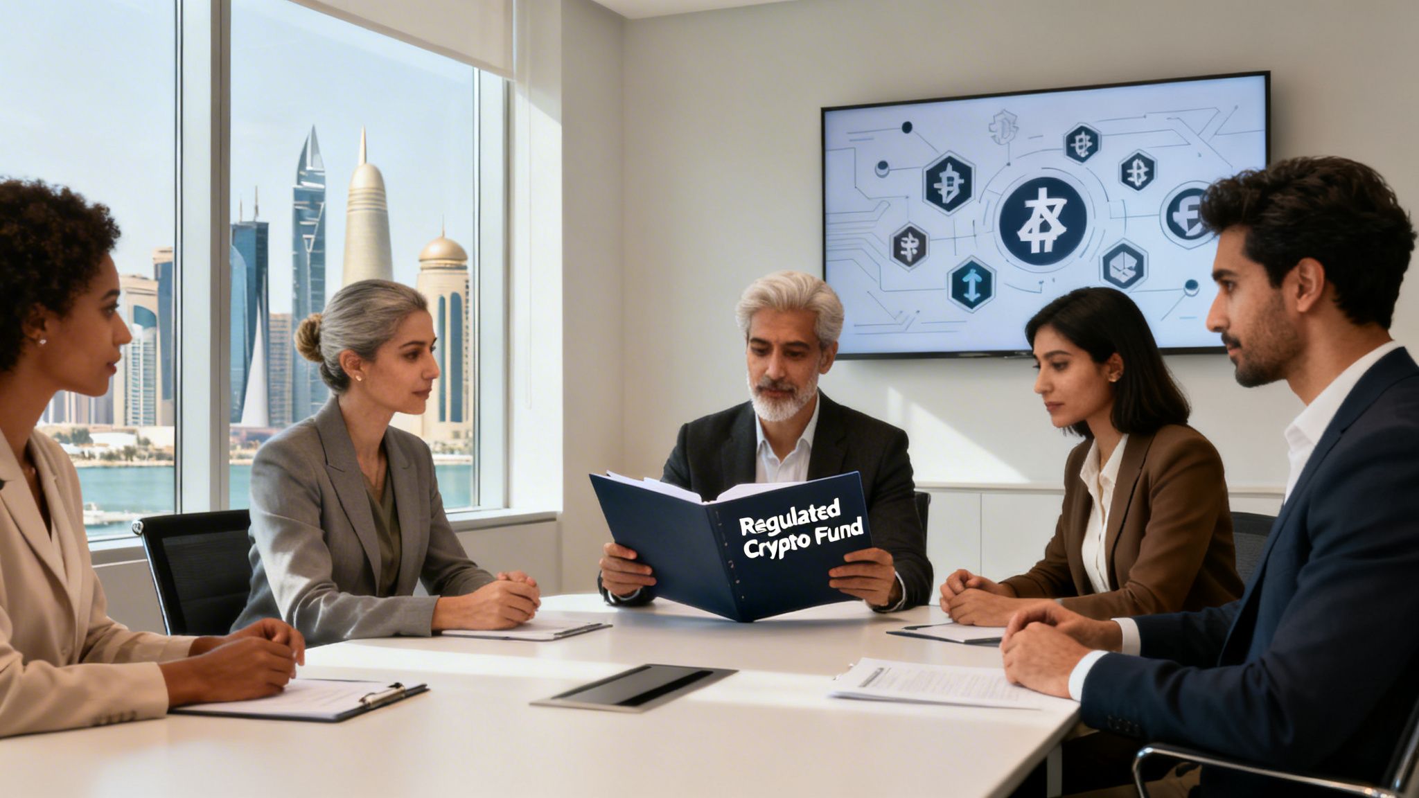 Five diverse professionals discuss a regulated crypto fund in a modern office with a city view.