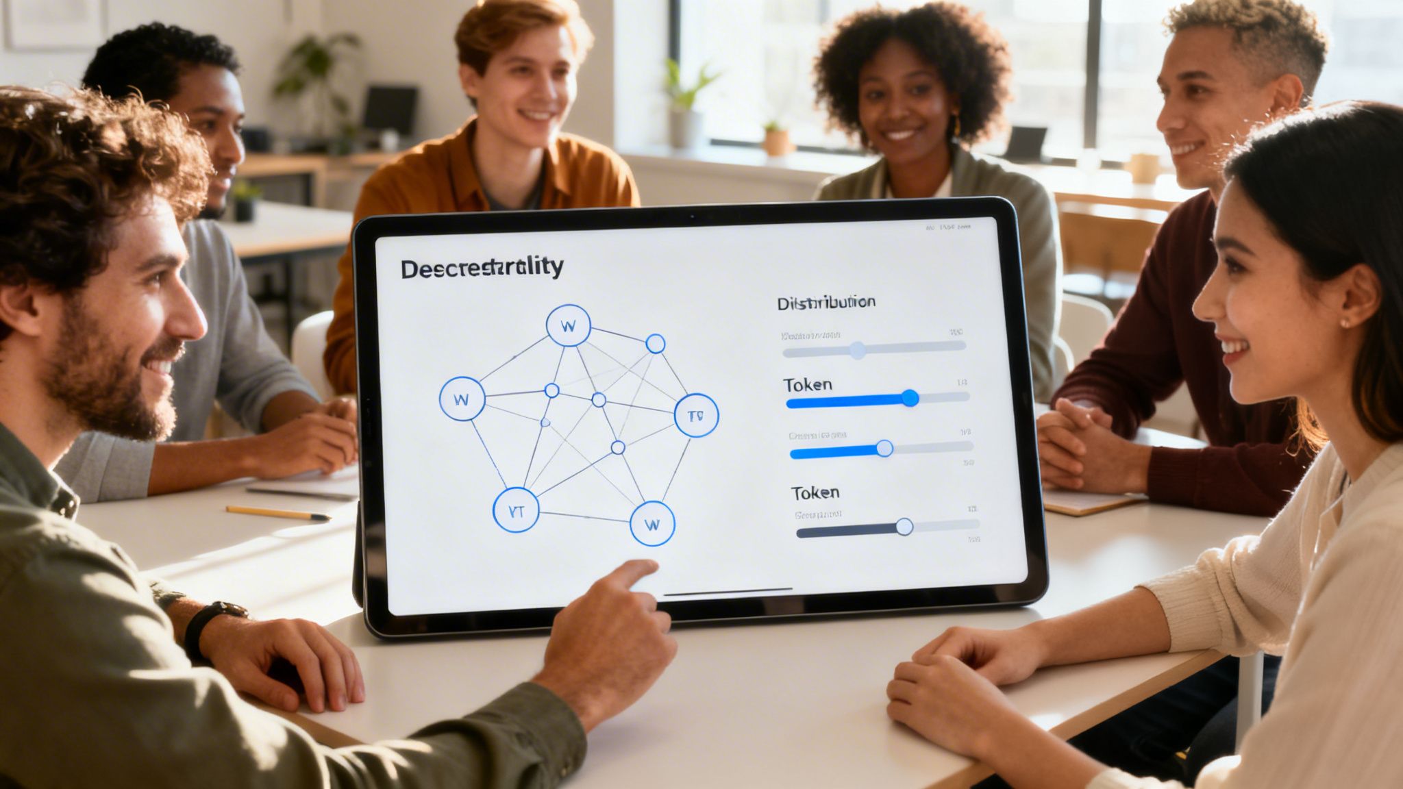 Diverse professionals collaborate around a tablet displaying data and financial distribution.