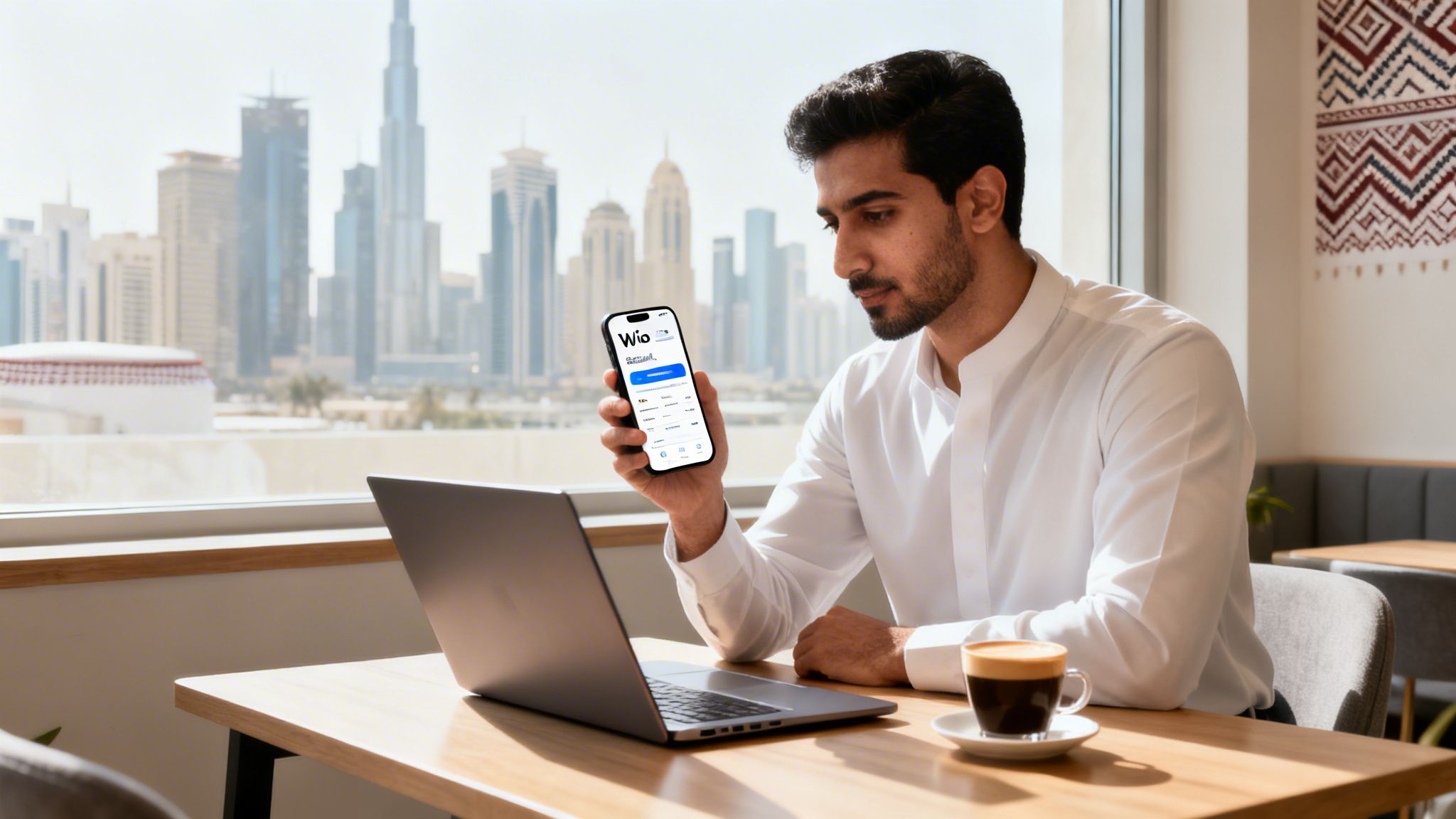 A man in a white shirt looks at his phone with the Wio app, next to a laptop and coffee.