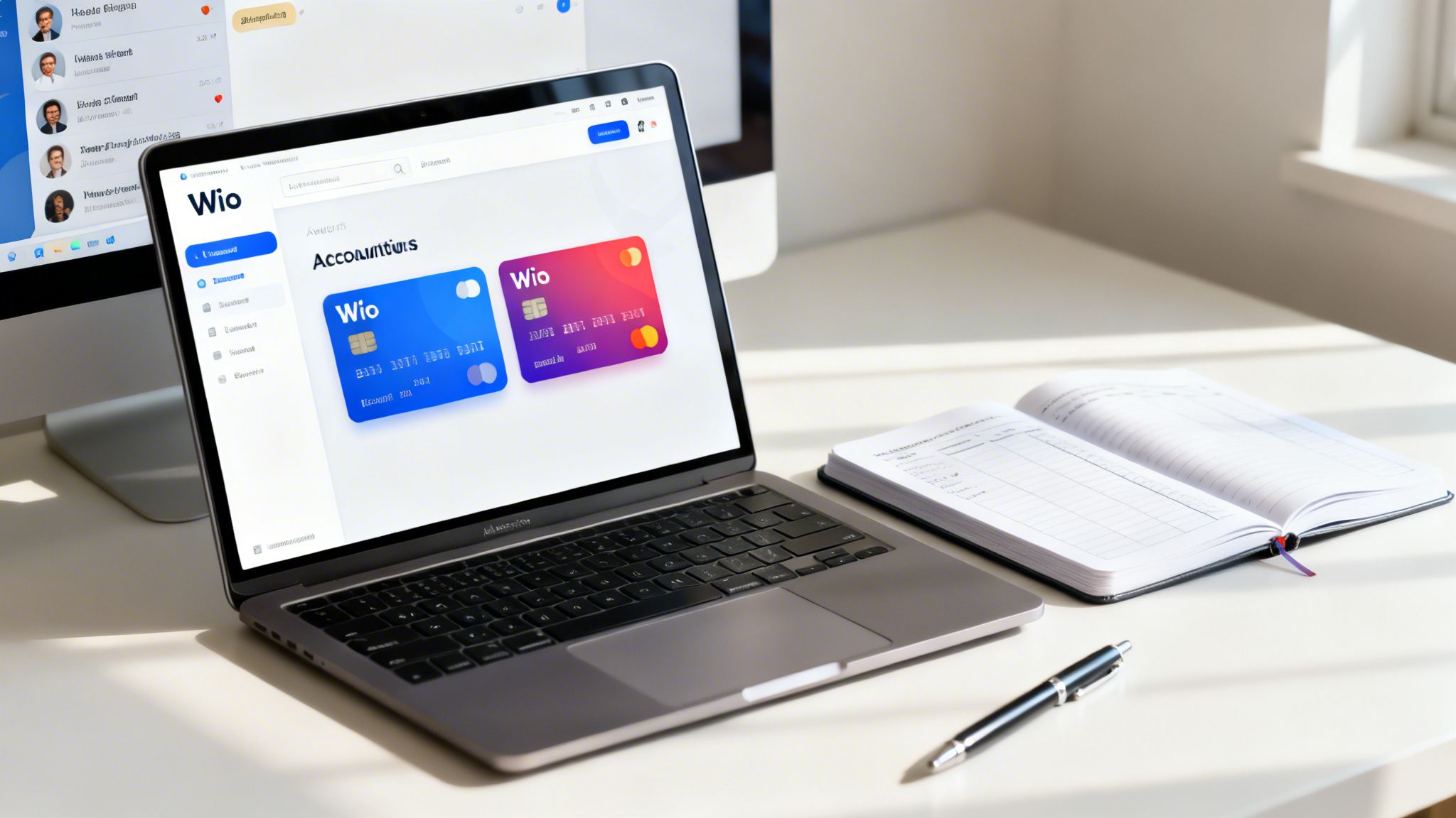 A modern workspace with a laptop displaying the Wio banking app and credit cards, with a notebook and pen.