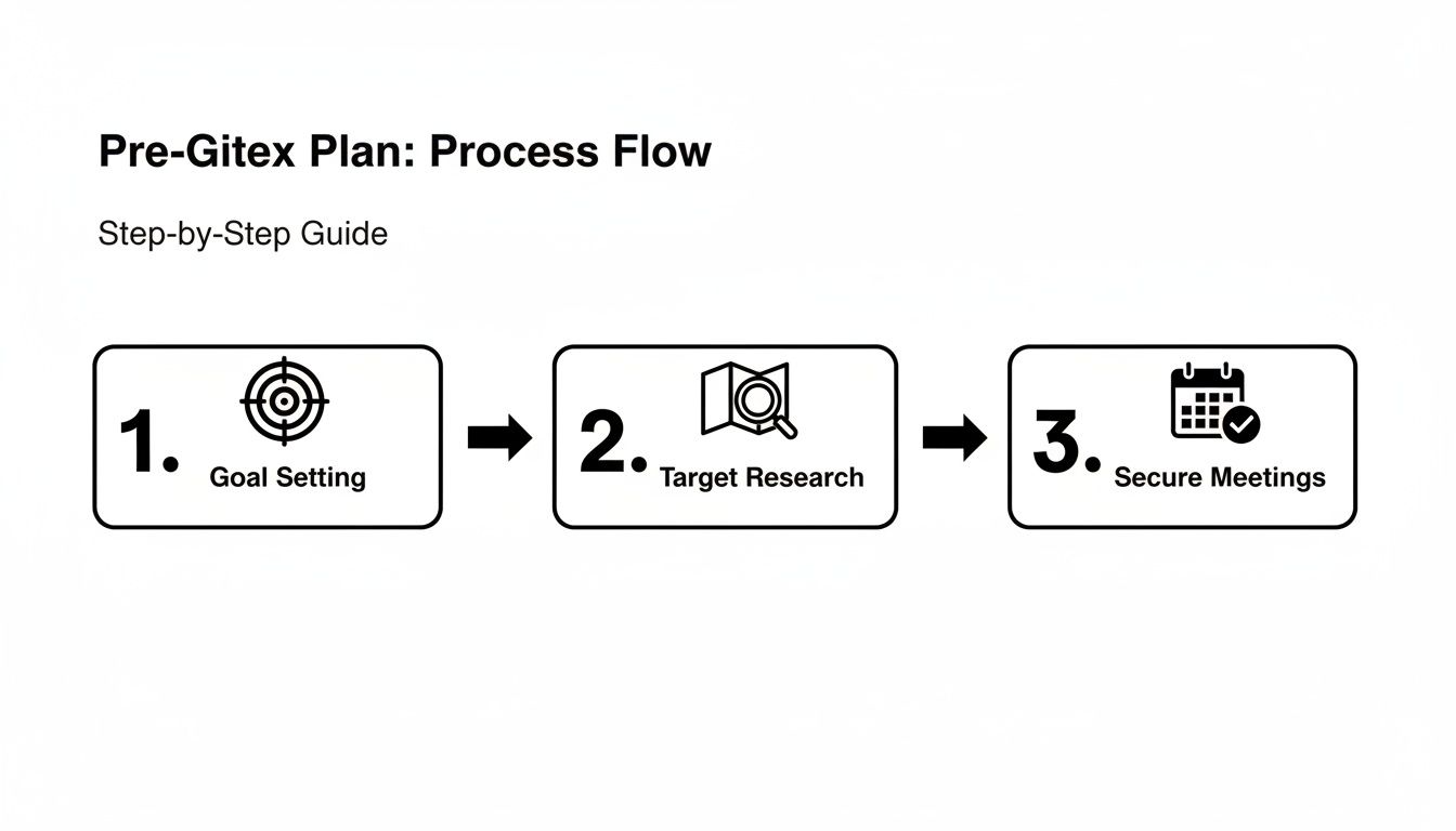 A three-step process flow for Pre-Gitex planning: Goal Setting, Target Research, and Secure Meetings.