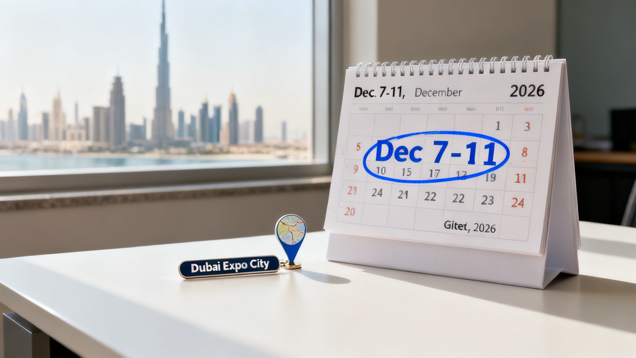 Desk calendar showing December 7-11, 2026 for Gitex with Dubai Expo City keychain and skyline.