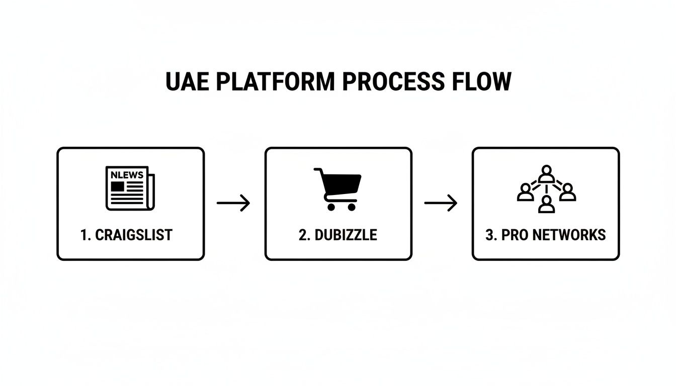 Flowchart illustrating the UAE platform process, transitioning from Craigslist to Dubizzle and then to Pro Networks.