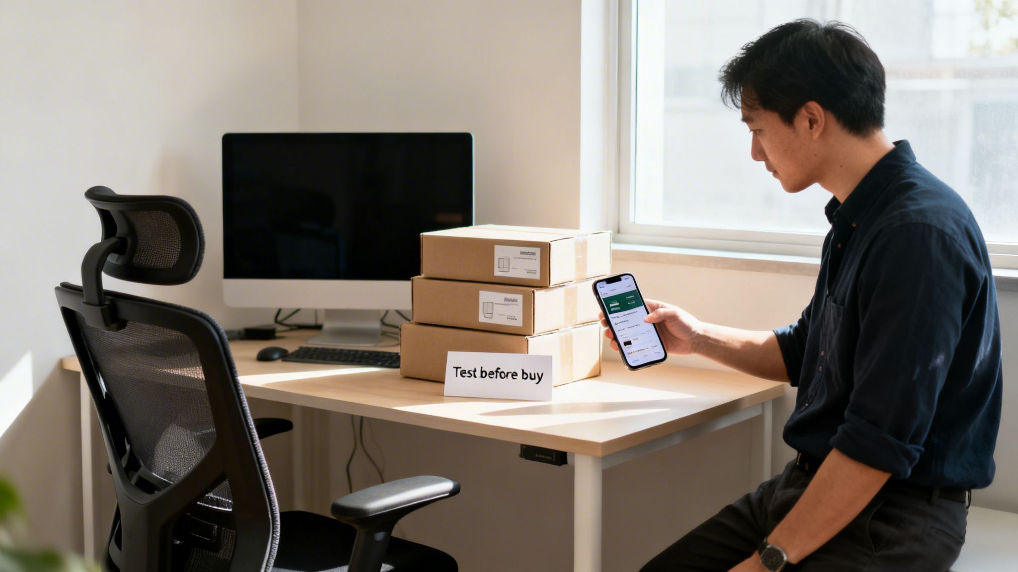 A man uses a smartphone at a desk with product boxes and a 'Test before buy' sign.