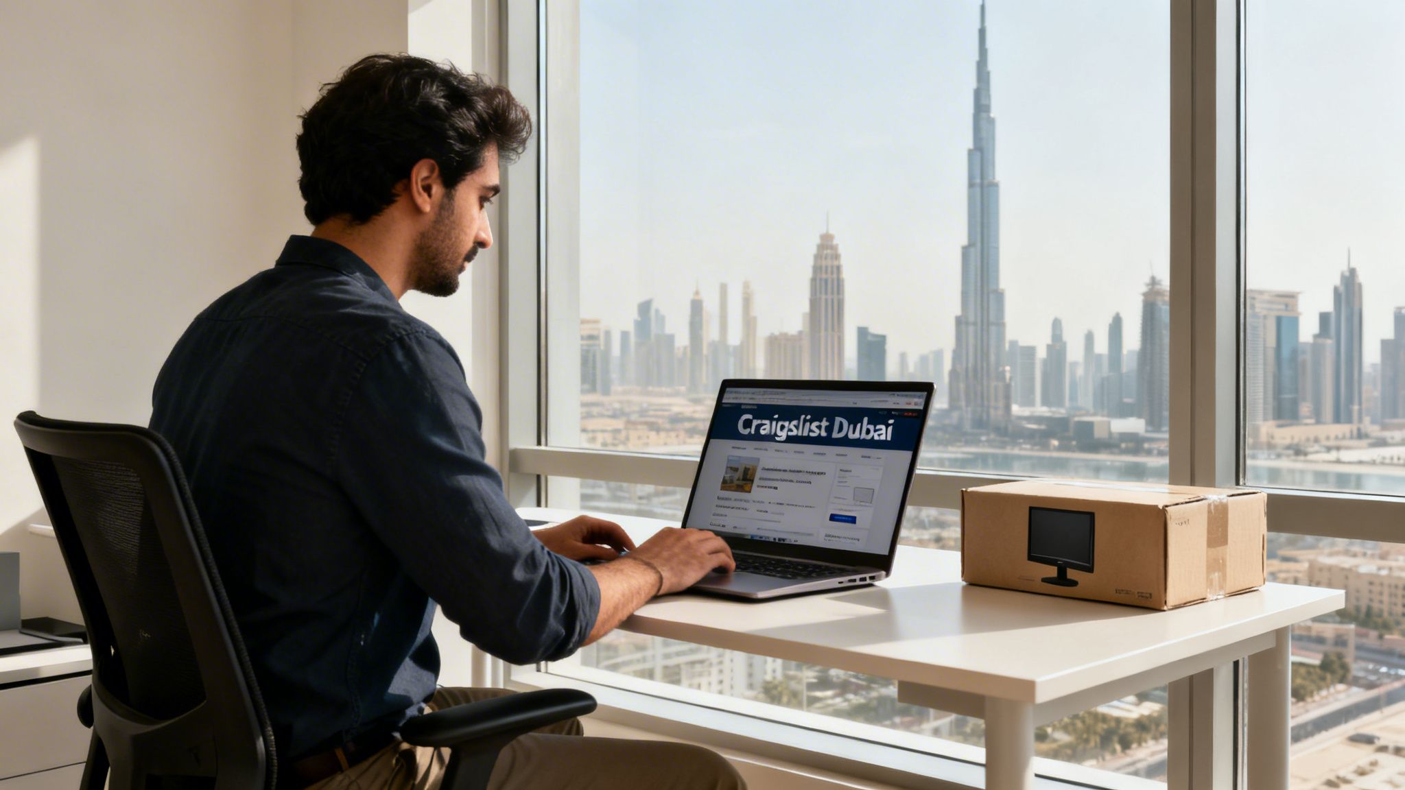 Man browsing Craigslist Dubai on a laptop with a delivery box, overlooking Dubai's skyline.
