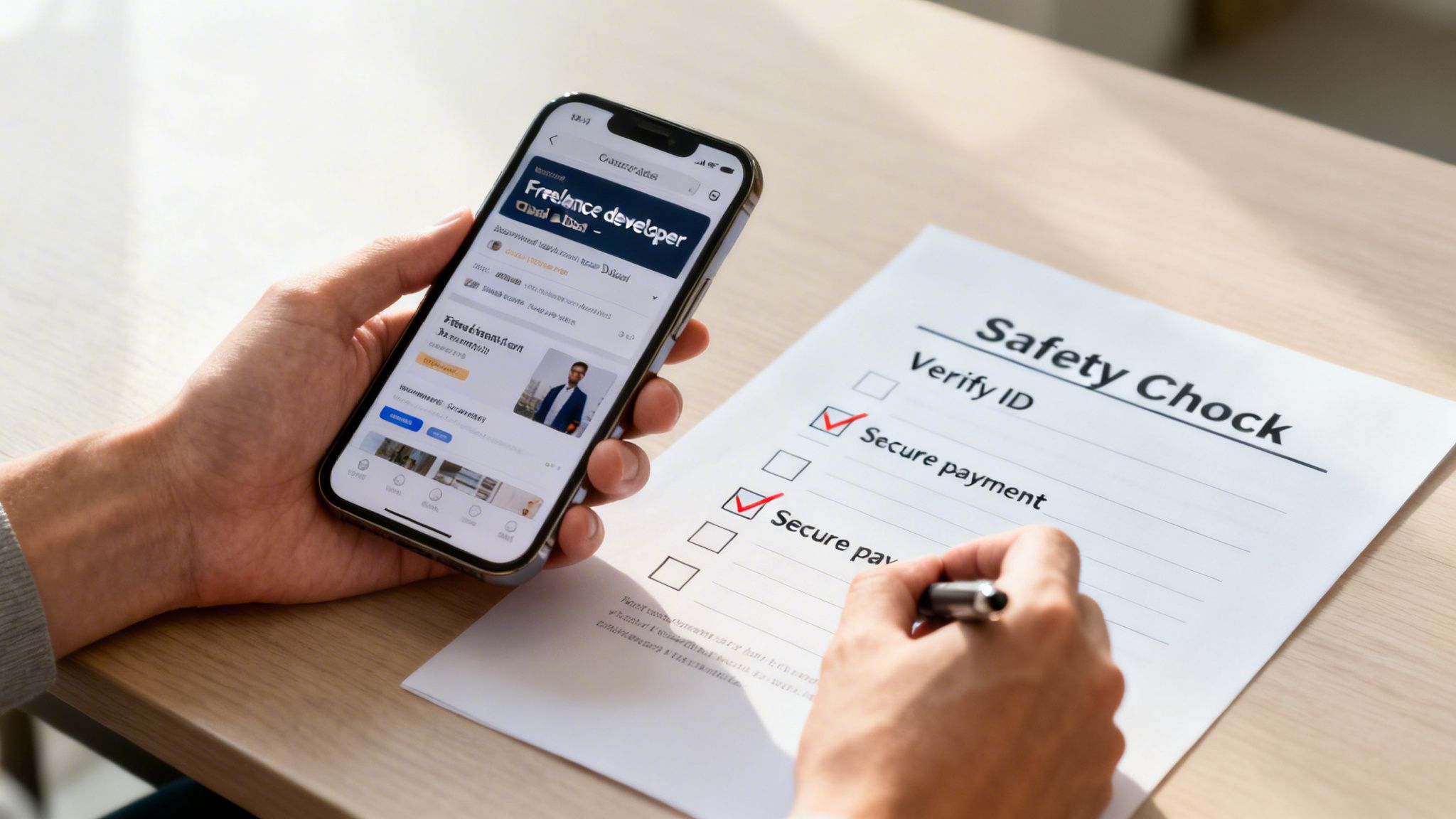 A person holds a smartphone displaying a freelance developer app and checks items on a 'Safety Check' document.