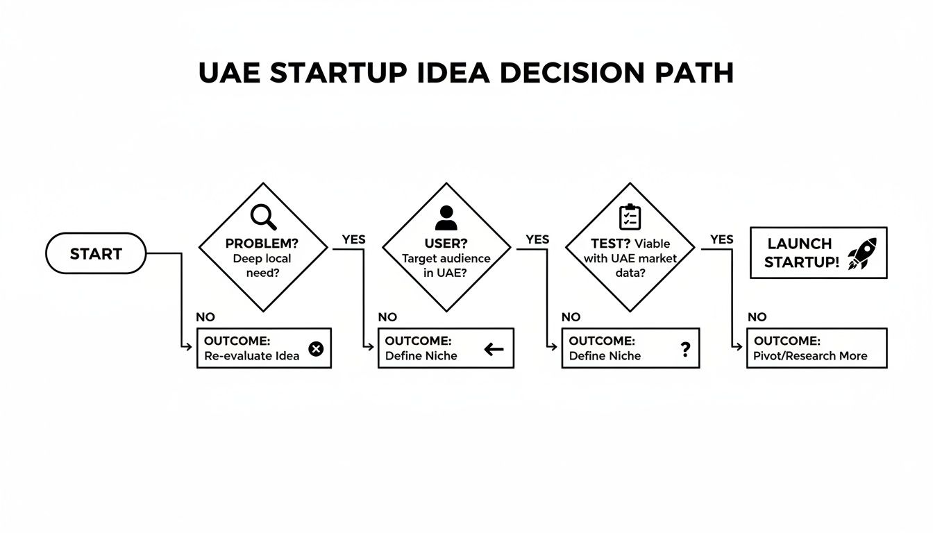 Flowchart illustrating the UAE startup idea decision path, covering problem, user, and market viability.