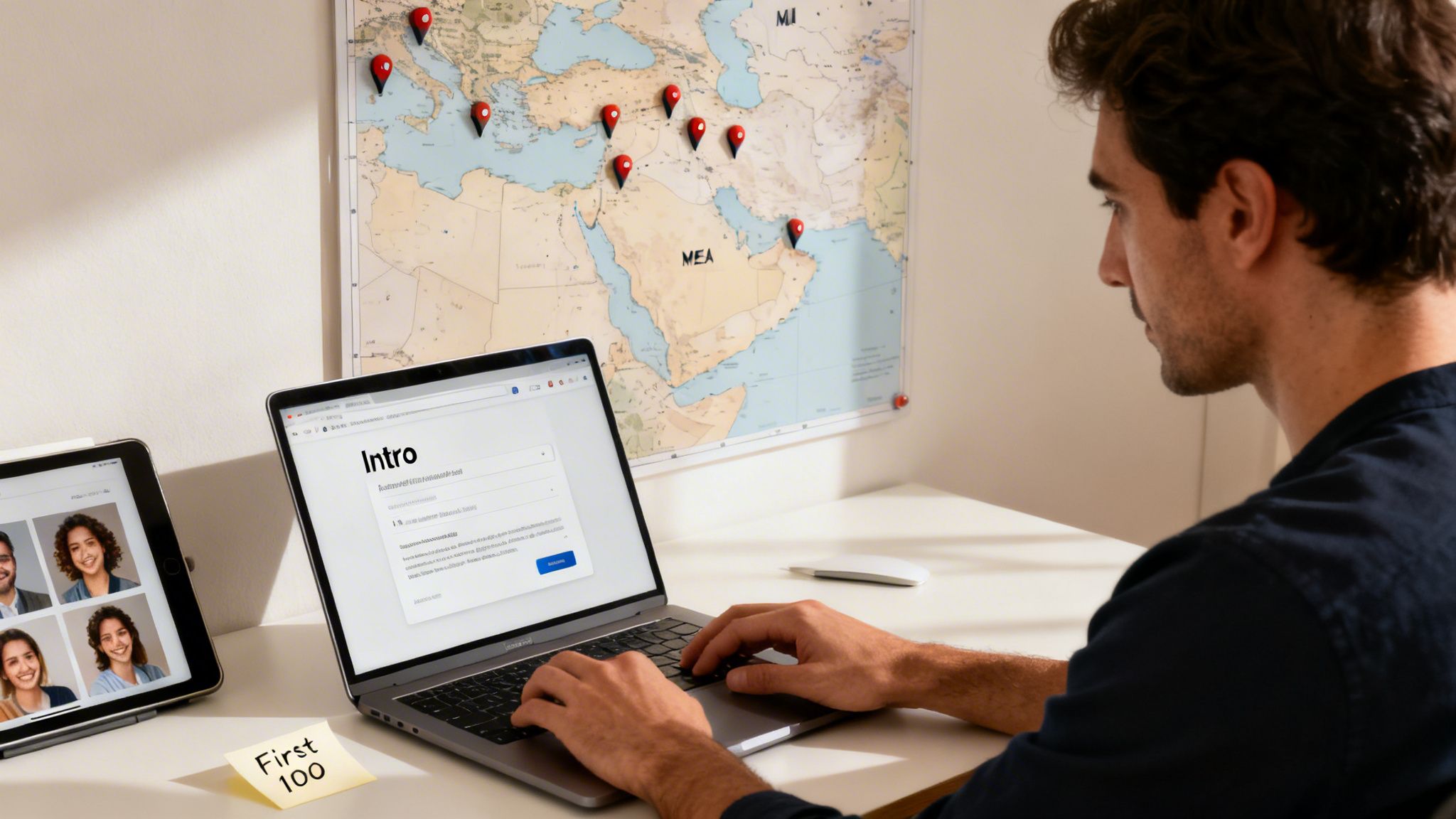 Man works on laptop, tablet with faces, 'First 100' note, and a world map with pins.