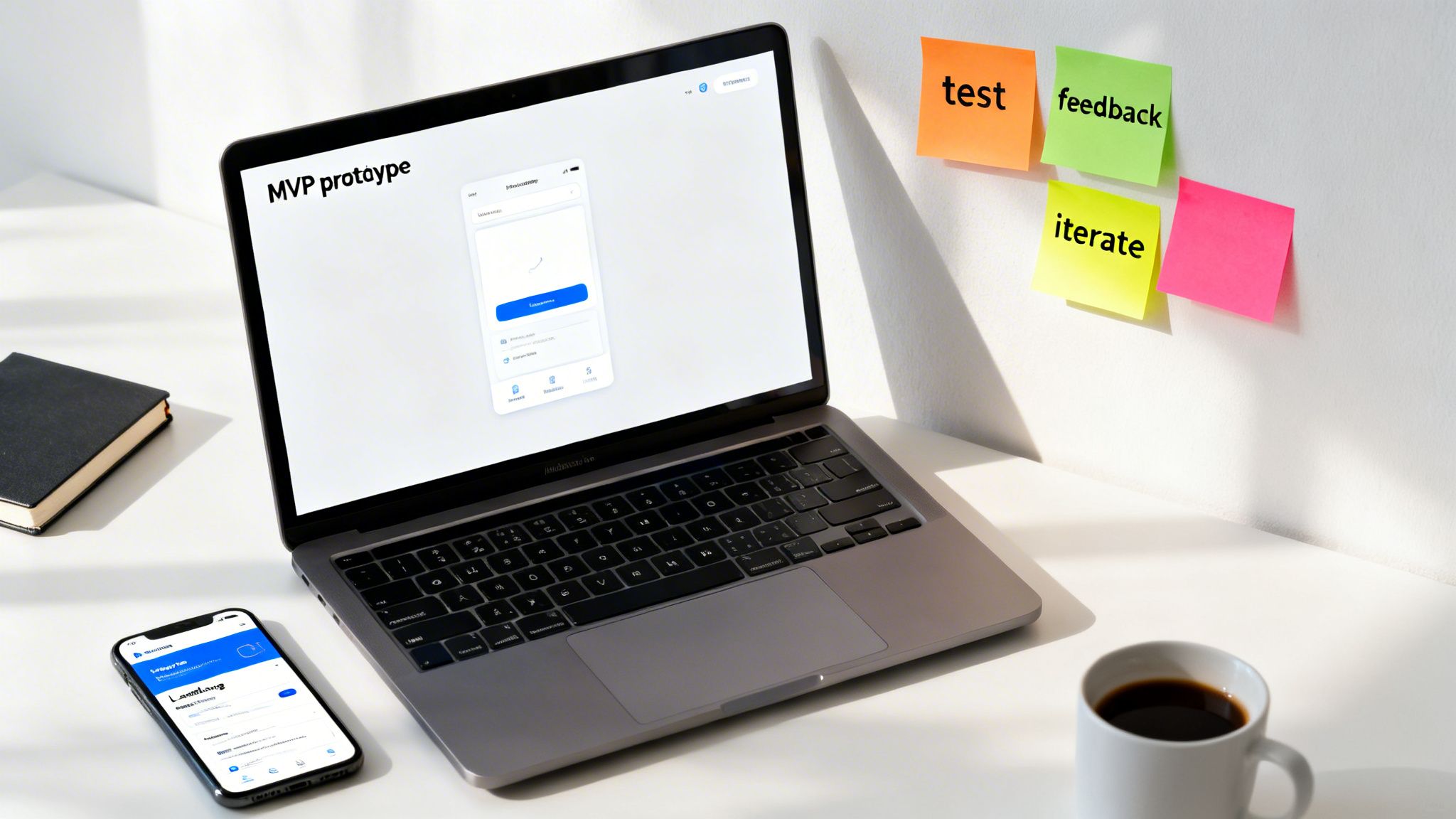 Desk with laptop displaying MVP prototype, smartphone, notebook, coffee, and sticky notes for product development cycle.