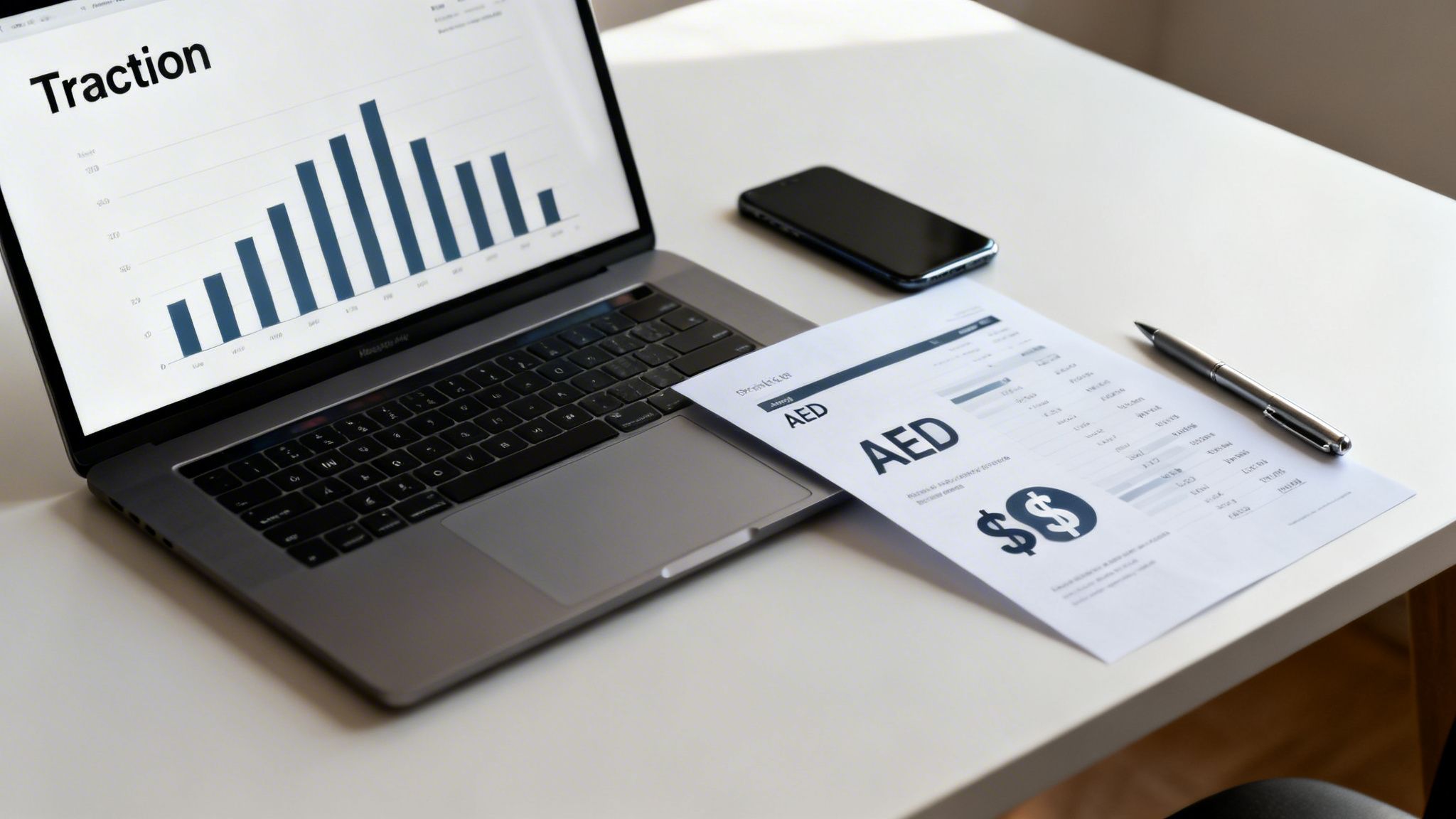A laptop displays a traction bar chart next to a financial document showing AED currency and dollar signs on a white desk.