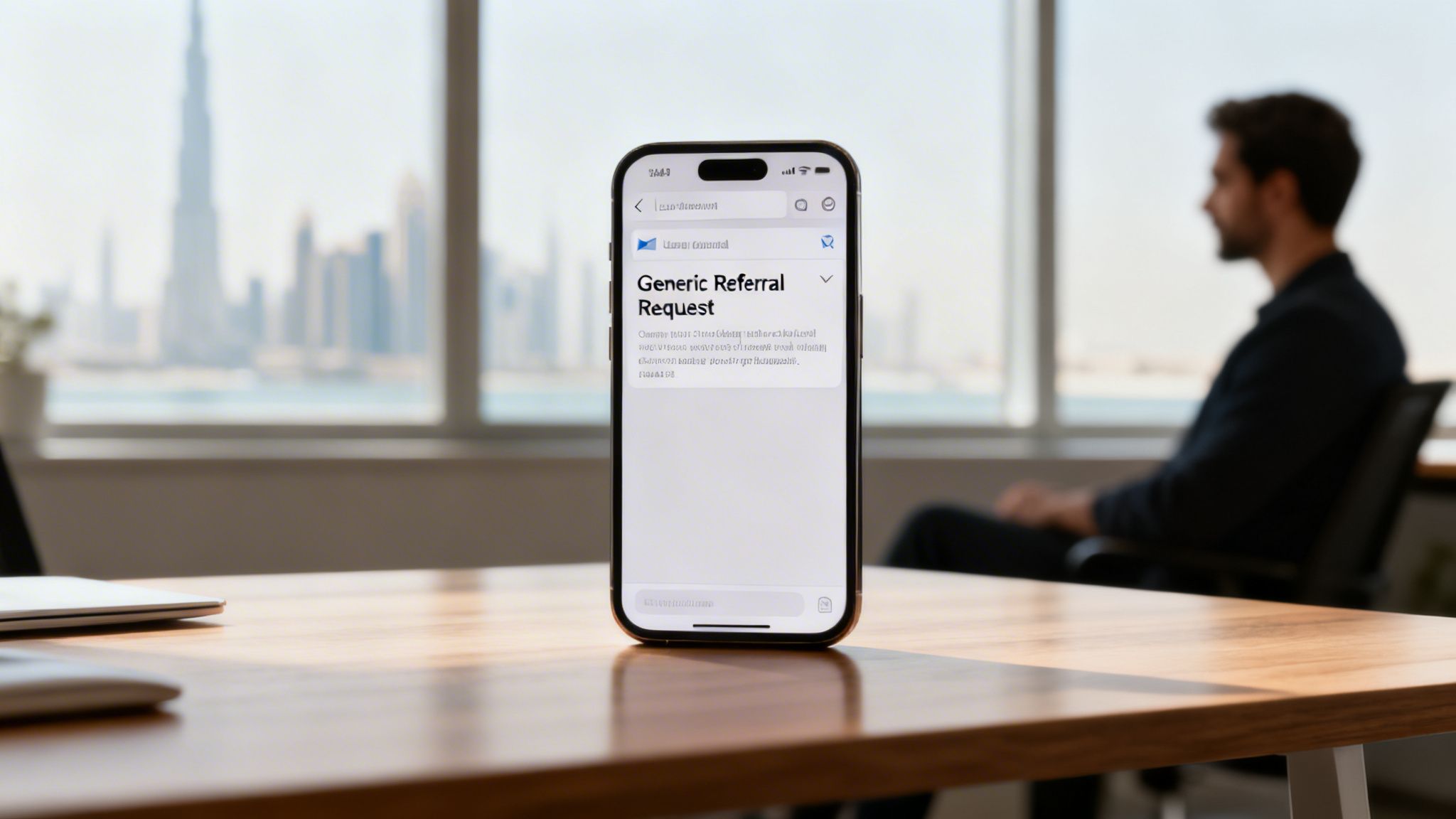 Modern smartphone on a wooden desk displaying a 'Generic Referral Request' email in a bright office.