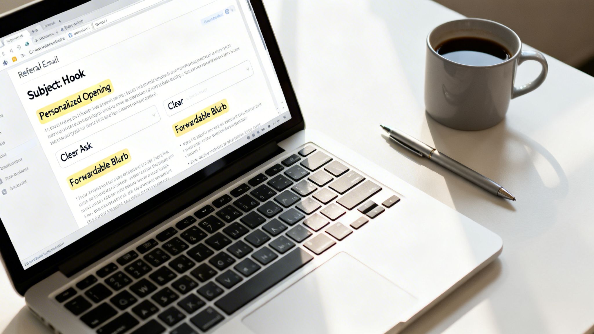 A laptop on a white desk displaying a 'Referral Email' draft with highlighted sections, alongside a coffee mug and a pen.