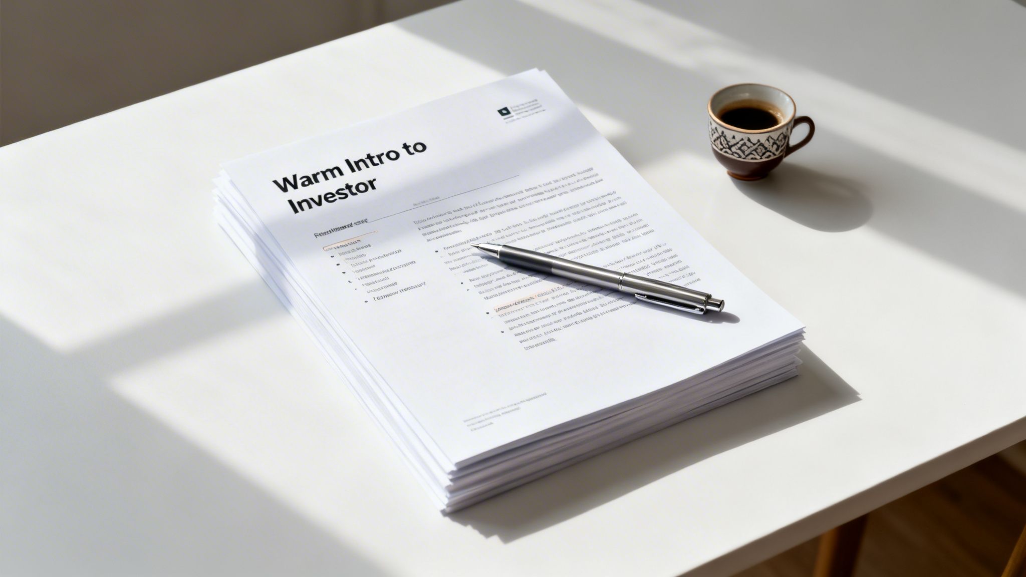 A stack of 'Warm Intro to Investor' documents with a pen and a coffee cup on a white table.