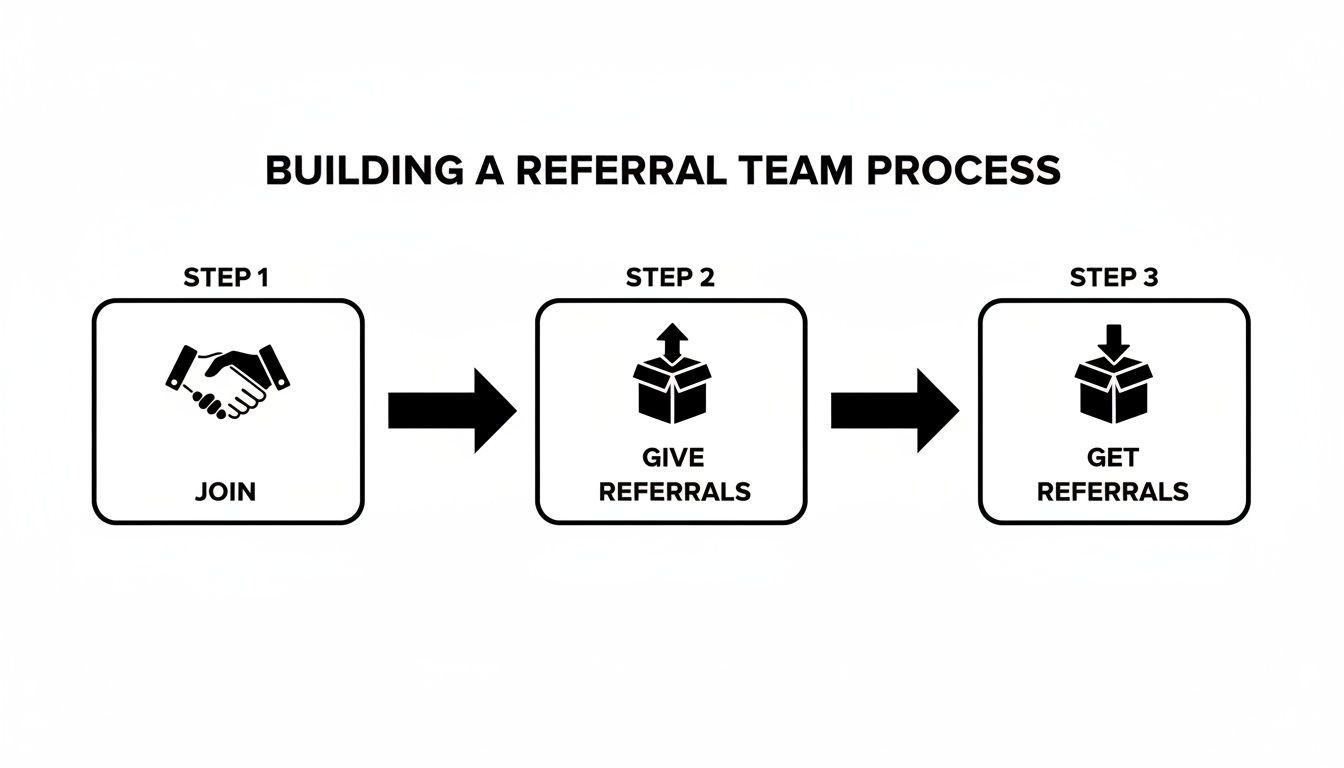 Visual guide to building a referral team process: Join, Give Referrals, and Get Referrals.