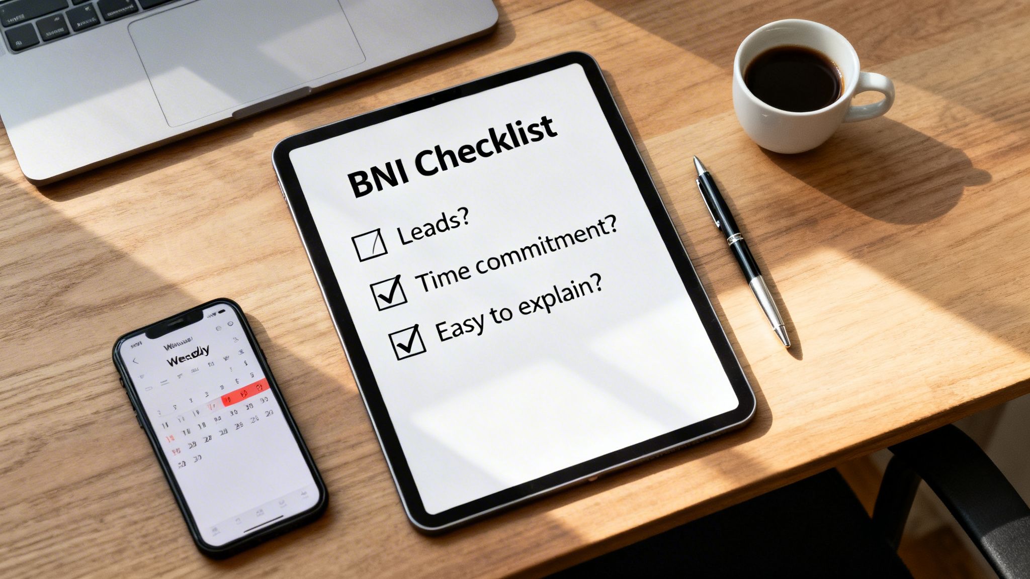 Overhead view of a desk with a laptop, coffee, phone, and tablet showing a BNI checklist.
