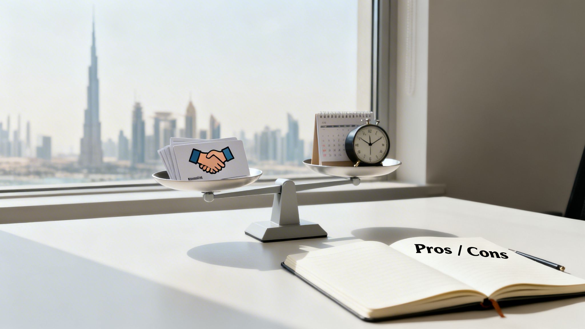 Scales balancing deal cards and time with a 'Pros/Cons' notebook on a desk overlooking a city.