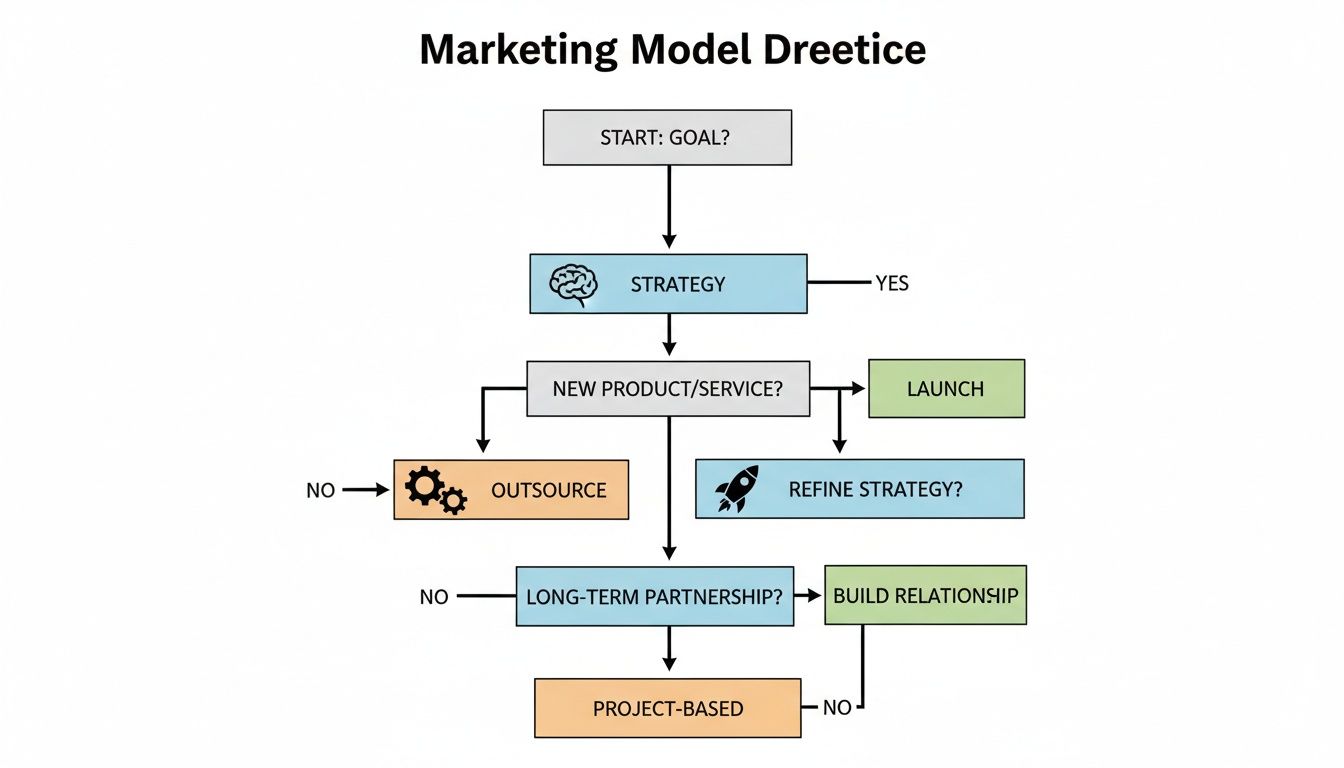 A flowchart diagram titled 'Marketing Model Dreetice', outlining steps from goal setting to project types.