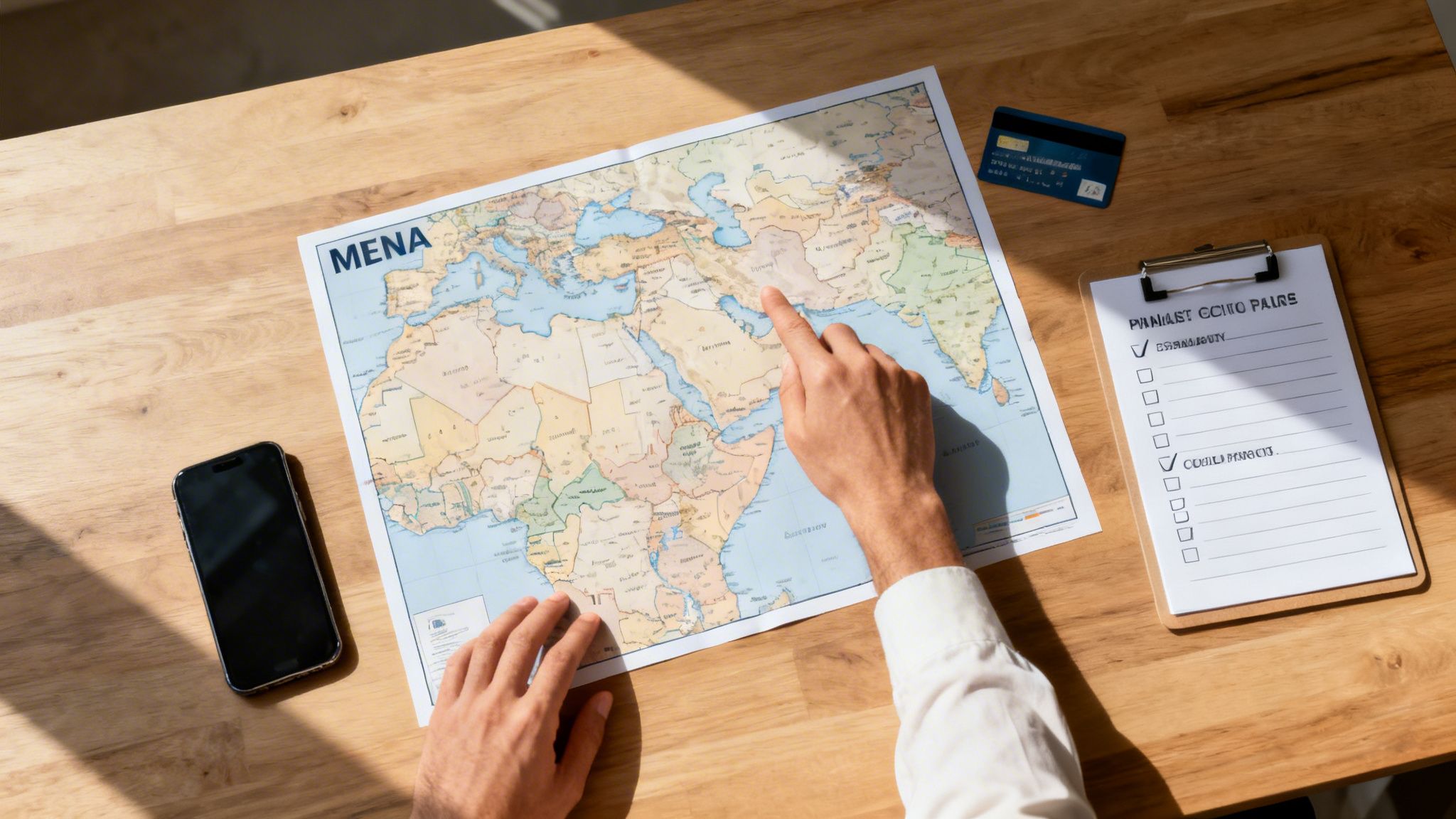 A person points at a map of the MENA region, planning travel with a checklist, phone, and credit card.