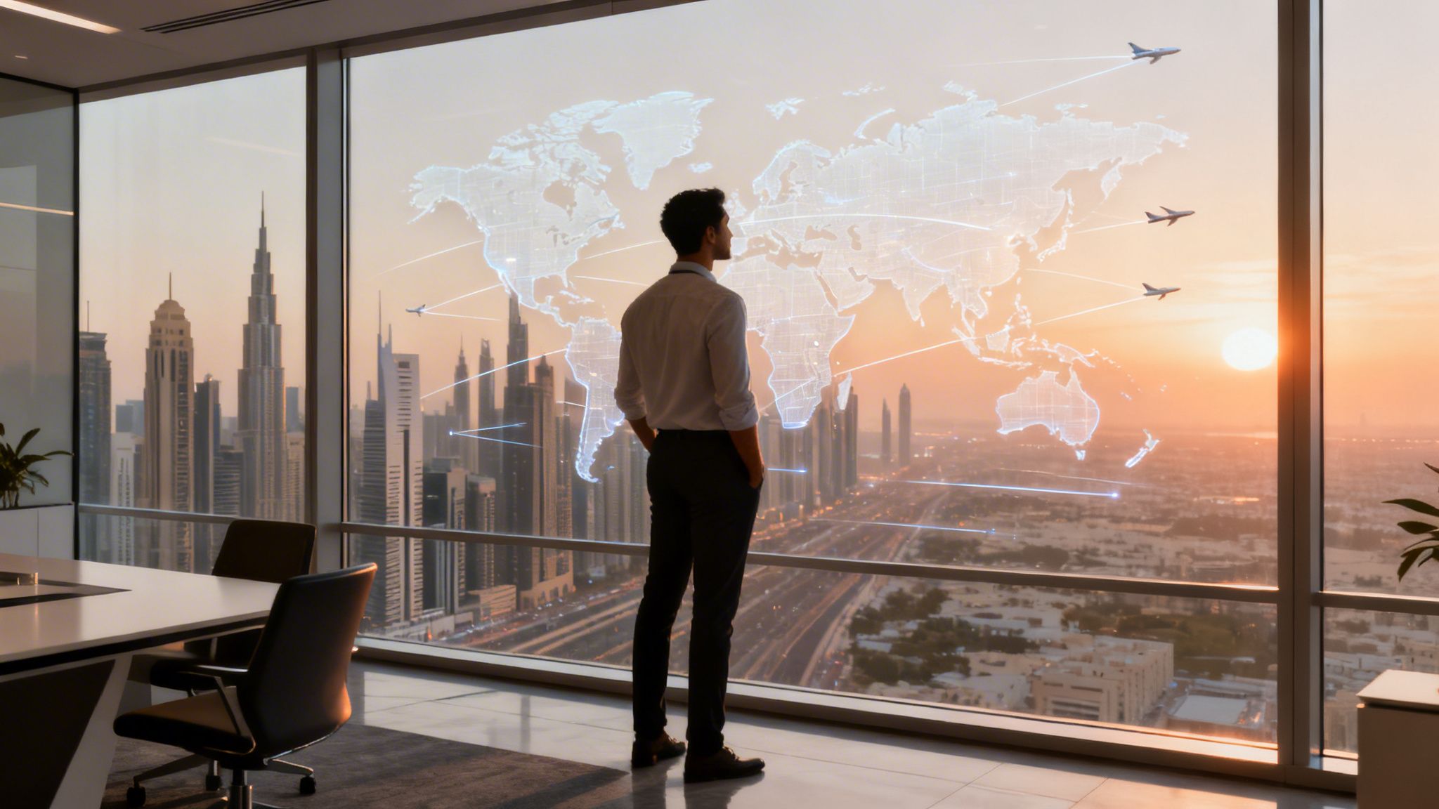 Man in an office looks at a city sunset with a global map and planes, representing international business.