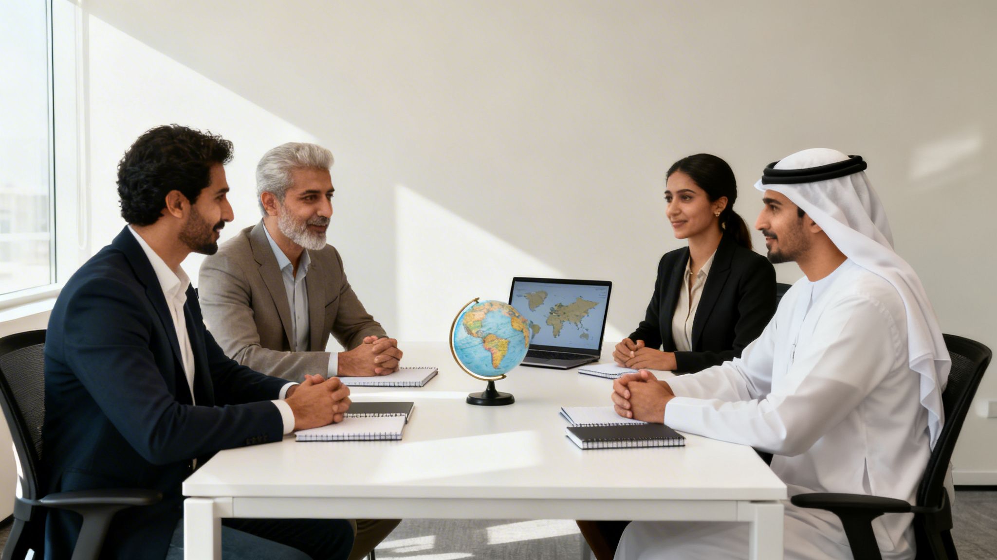 Four diverse business professionals in a bright office meeting, discussing global strategy.