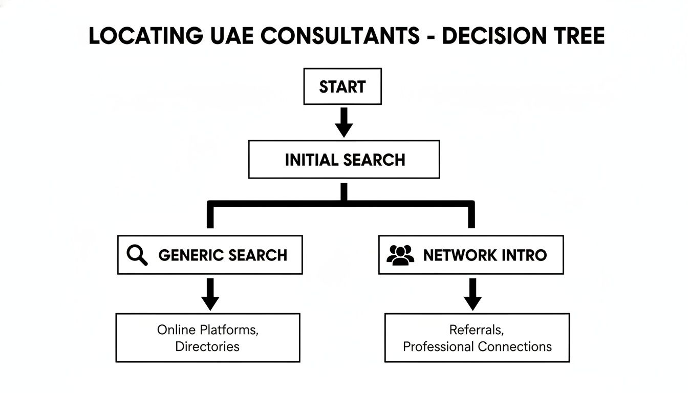 Flowchart illustrating the process of finding UAE consultants through generic search or network introductions.