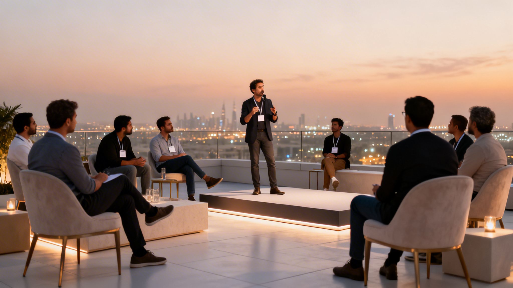 Speaker on a stage addressing an audience at a rooftop business event during sunset in Dubai.