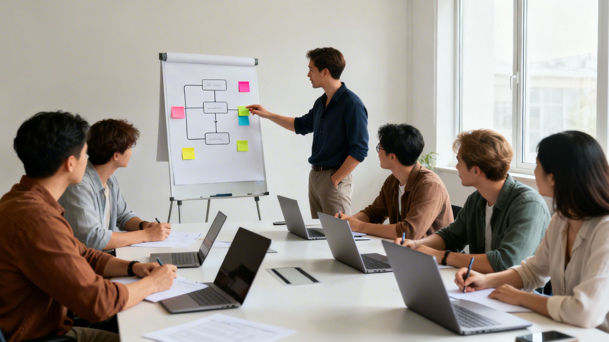 Young Asian business people in a modern office, collaborating on a project with a whiteboard.