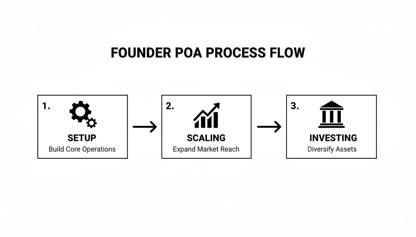 A Founder POA process flow diagram showing three steps: Setup, Scaling, and Investing, with icons.