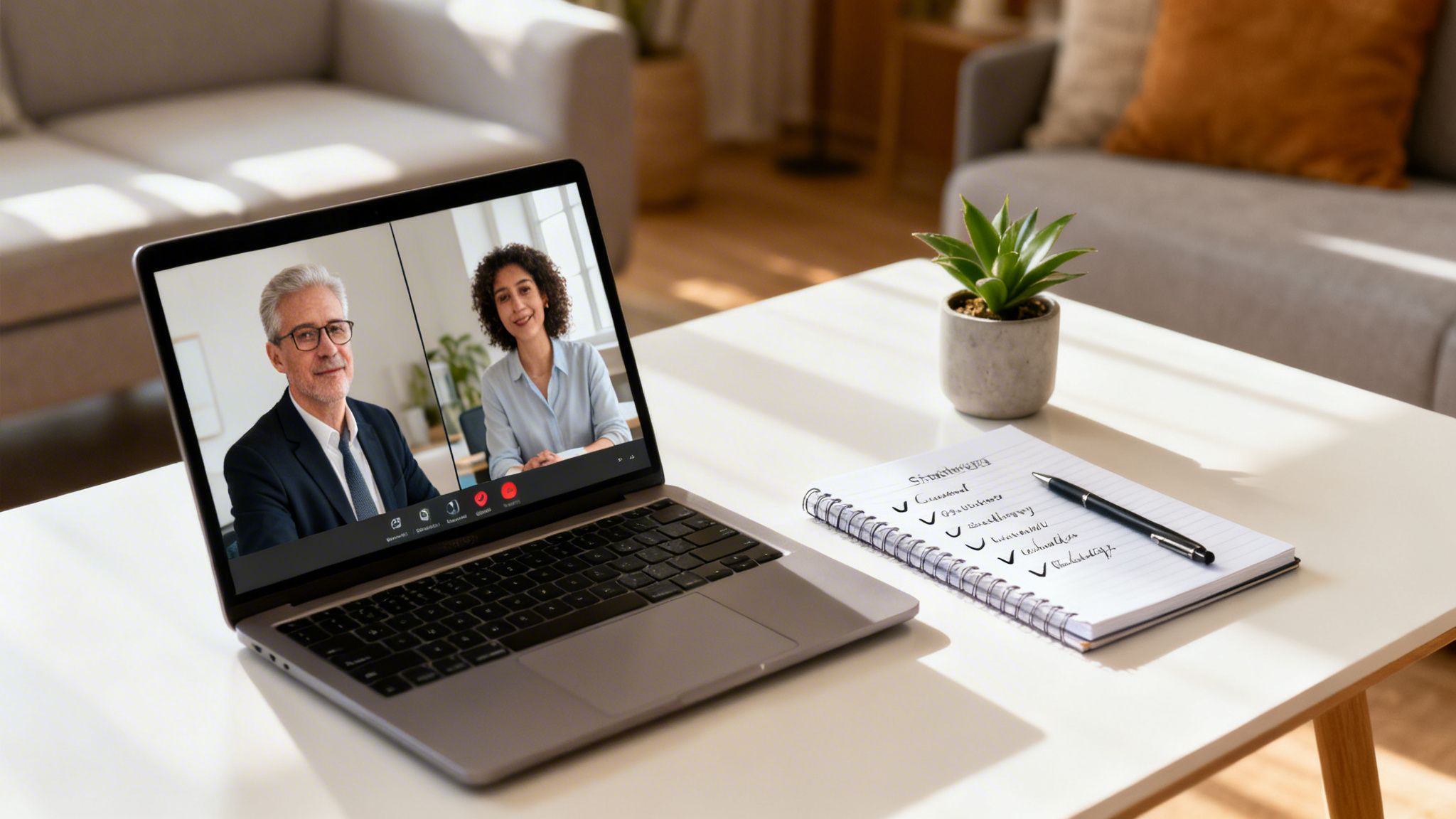 Laptop displaying a video call with a man and a woman, notepad, pen, and plant on a white table in a home office.