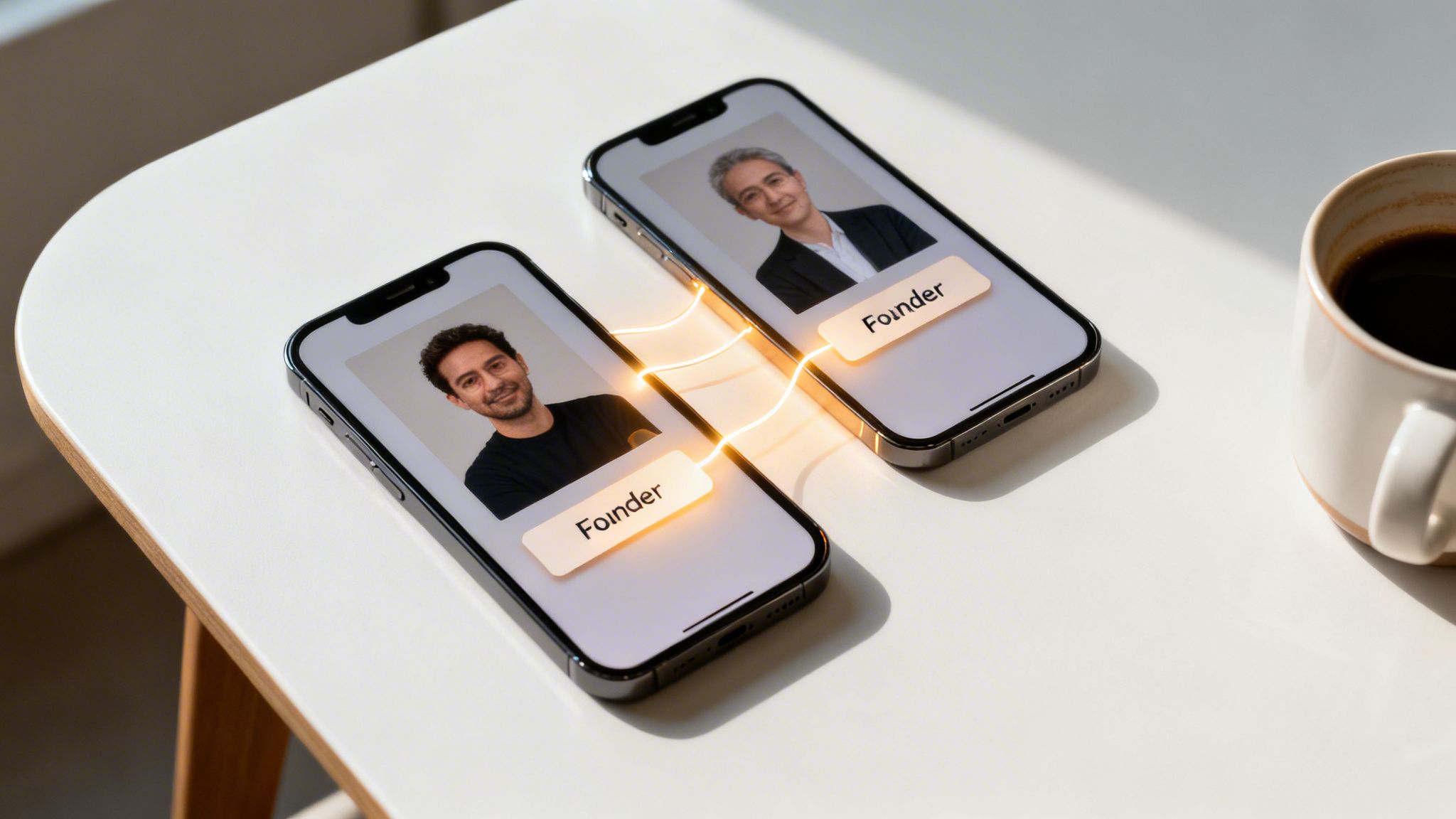 Two iPhones on a white table display founder profiles connected by glowing lines, symbolizing business partnership.
