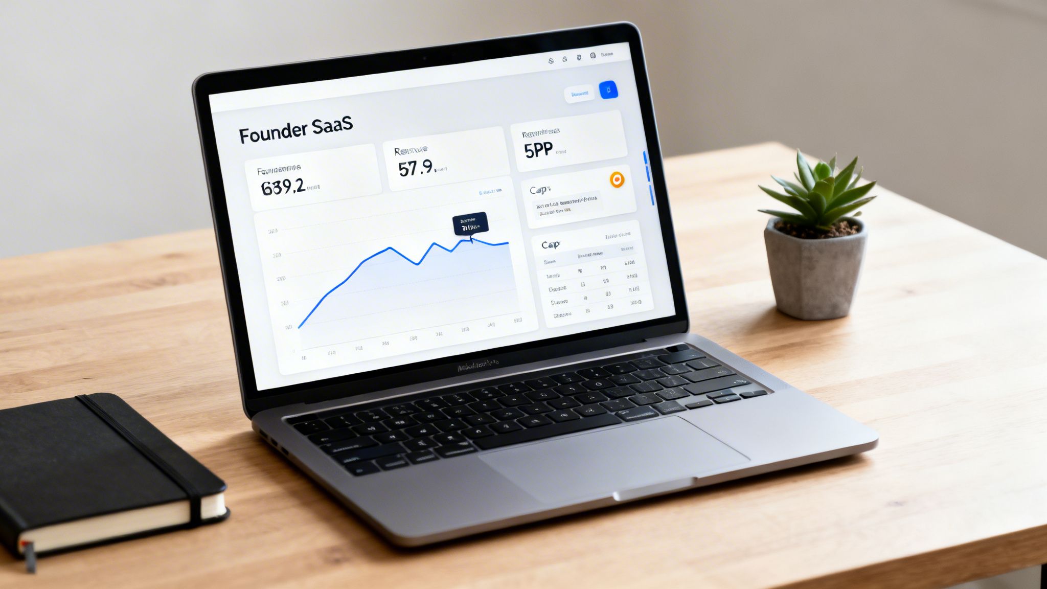 Laptop displaying a Founder SaaS dashboard with revenue analytics and charts on a wooden desk.