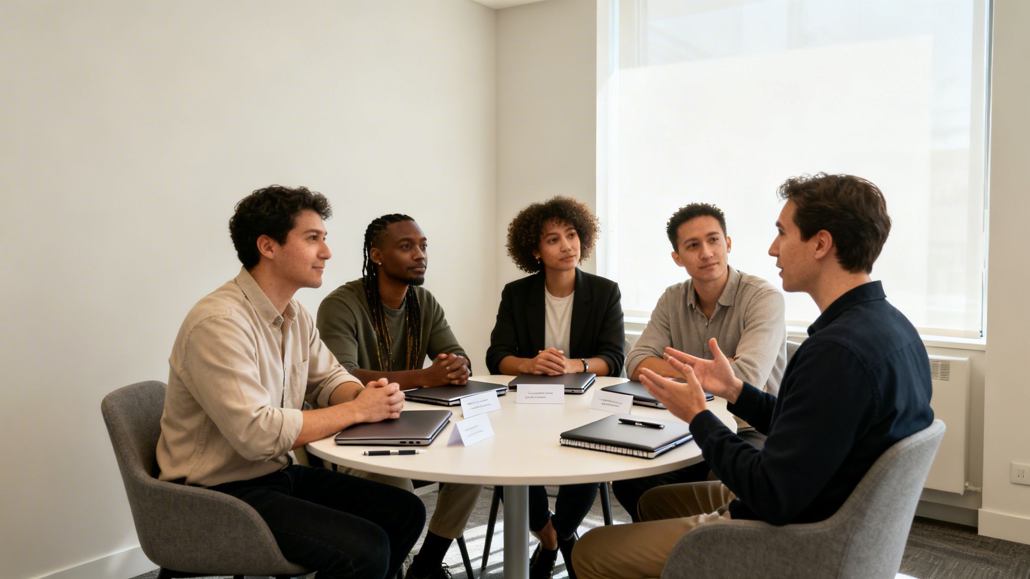 Five diverse professionals discussing ideas around a table in a bright, modern office meeting room.