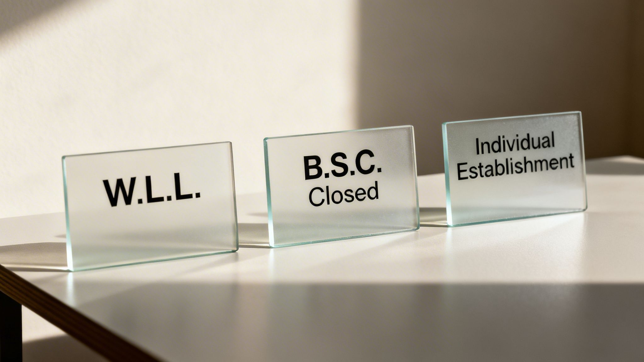 Three clear glass signs display business types: W.L.L., B.S.C. Closed, and Individual Establishment.