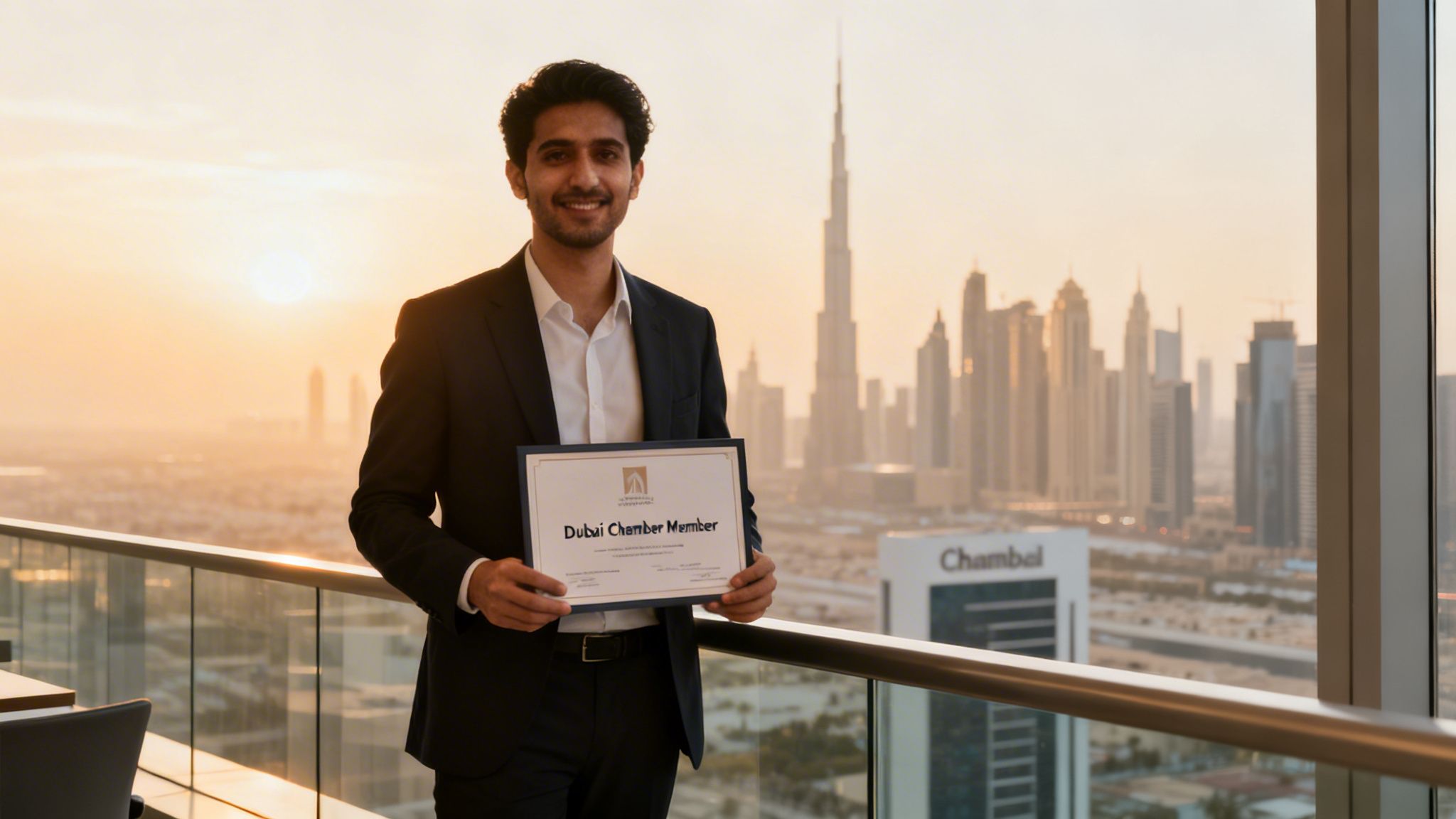 Smiling man holding a 'Dubai Chamber Member' certificate against a stunning Dubai skyline at sunset.