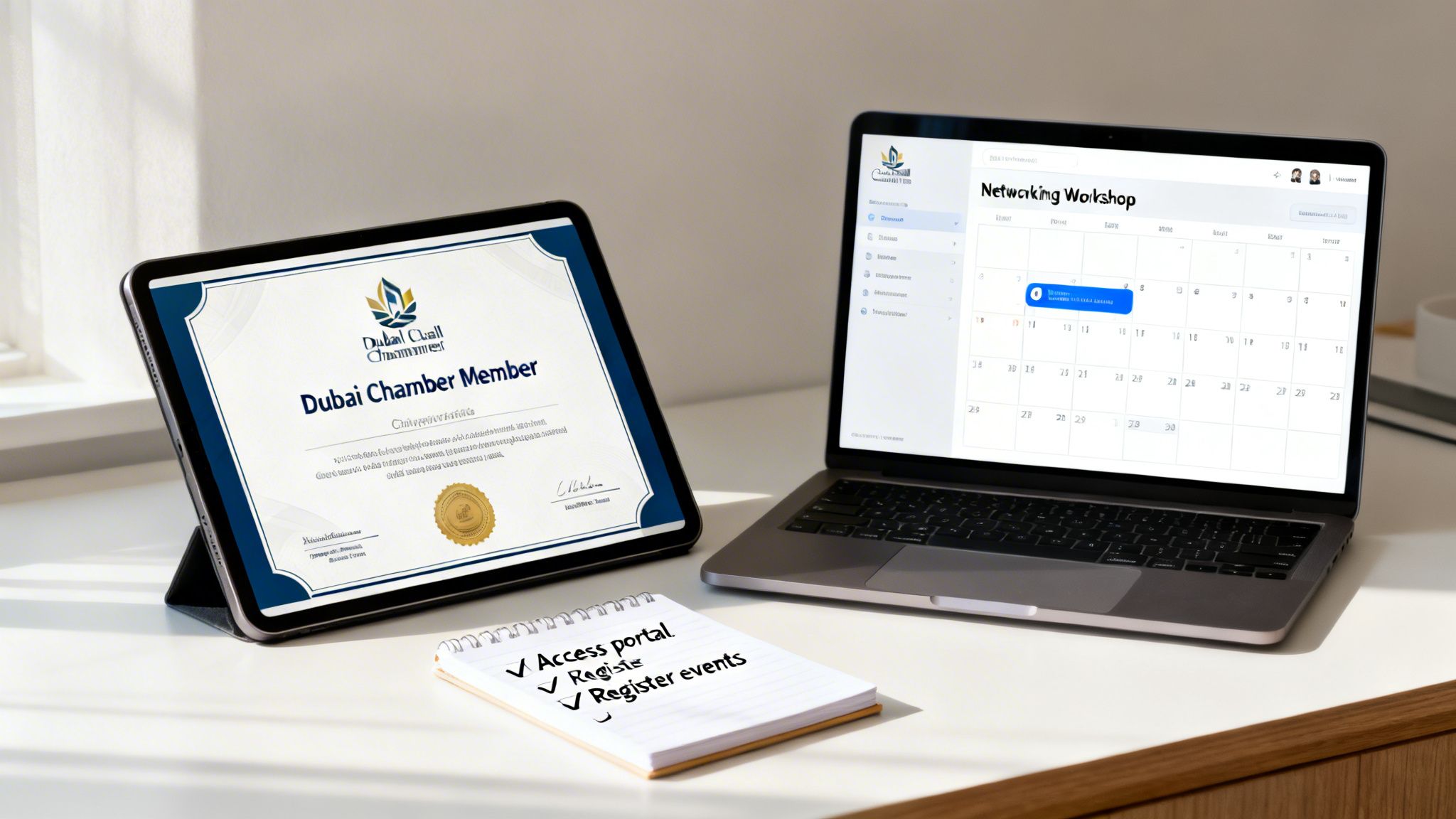 A tablet displays a Dubai Chamber Member certificate, a laptop shows a networking workshop calendar, and a notepad lists tasks.